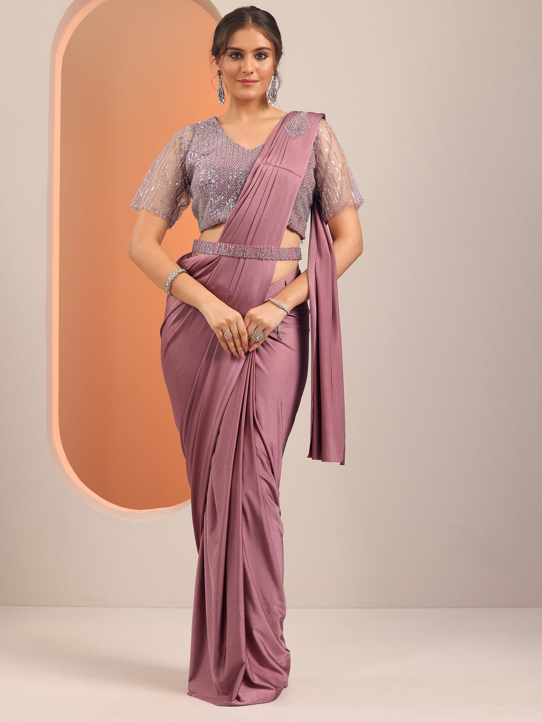  Libas Art Pink Solid Nylon Ready to Wear Saree 