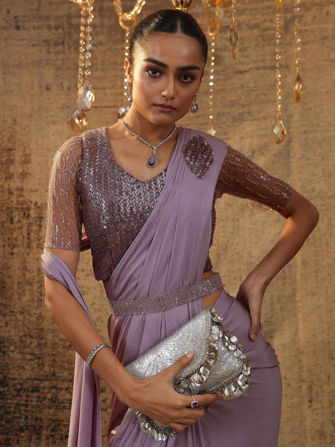  Libas Art Lavender Solid Nylon Ready to Wear Saree 