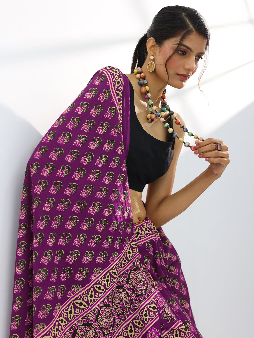  Burgundy Printed Cotton Saree With Unstitched Blouse Piece 