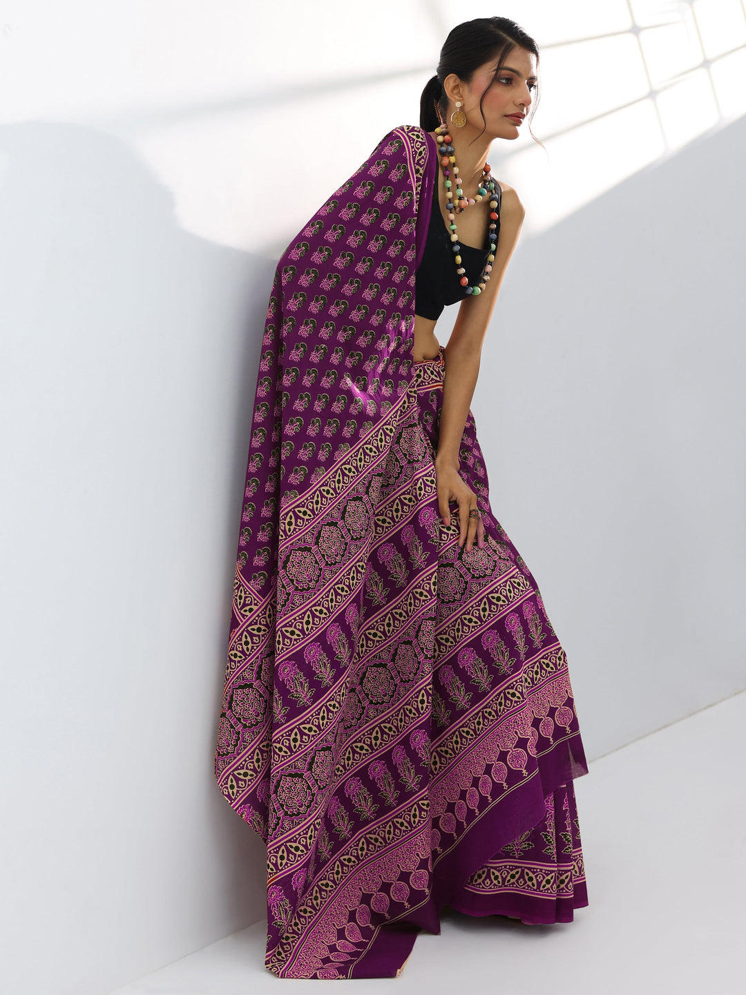  Burgundy Printed Cotton Saree With Unstitched Blouse Piece 