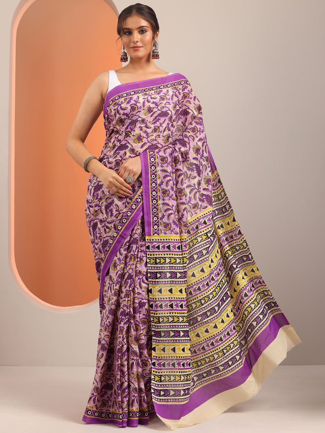  Purple Printed Cotton Saree With Unstitched Blouse Piece 