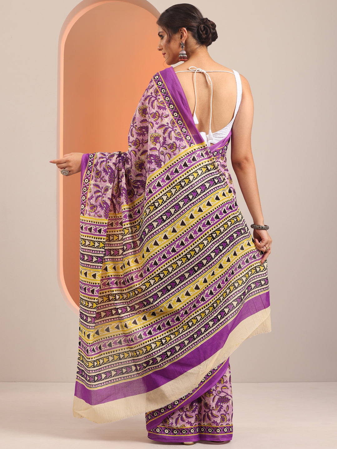  Purple Printed Cotton Saree With Unstitched Blouse Piece 