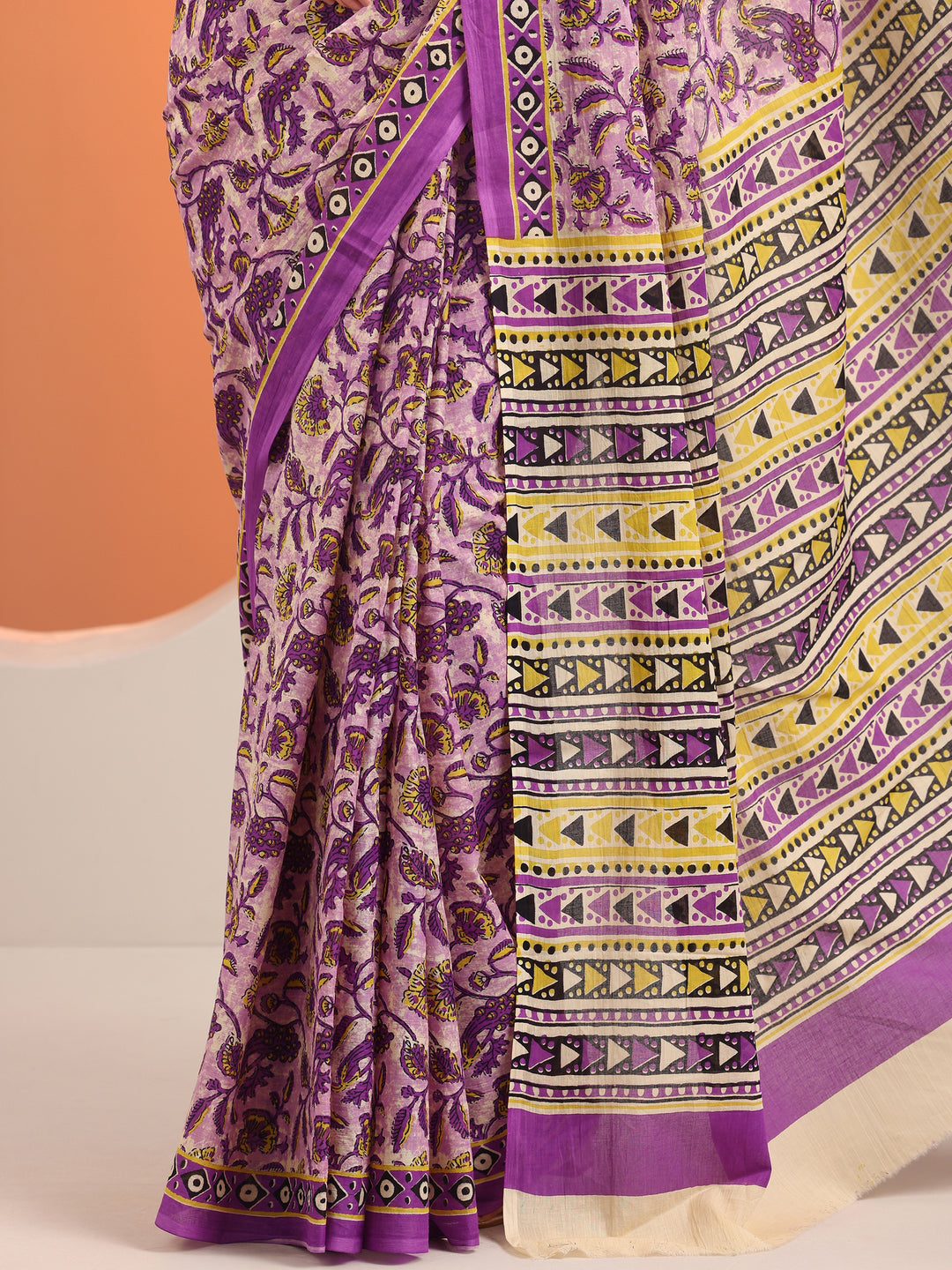  Purple Printed Cotton Saree With Unstitched Blouse Piece 
