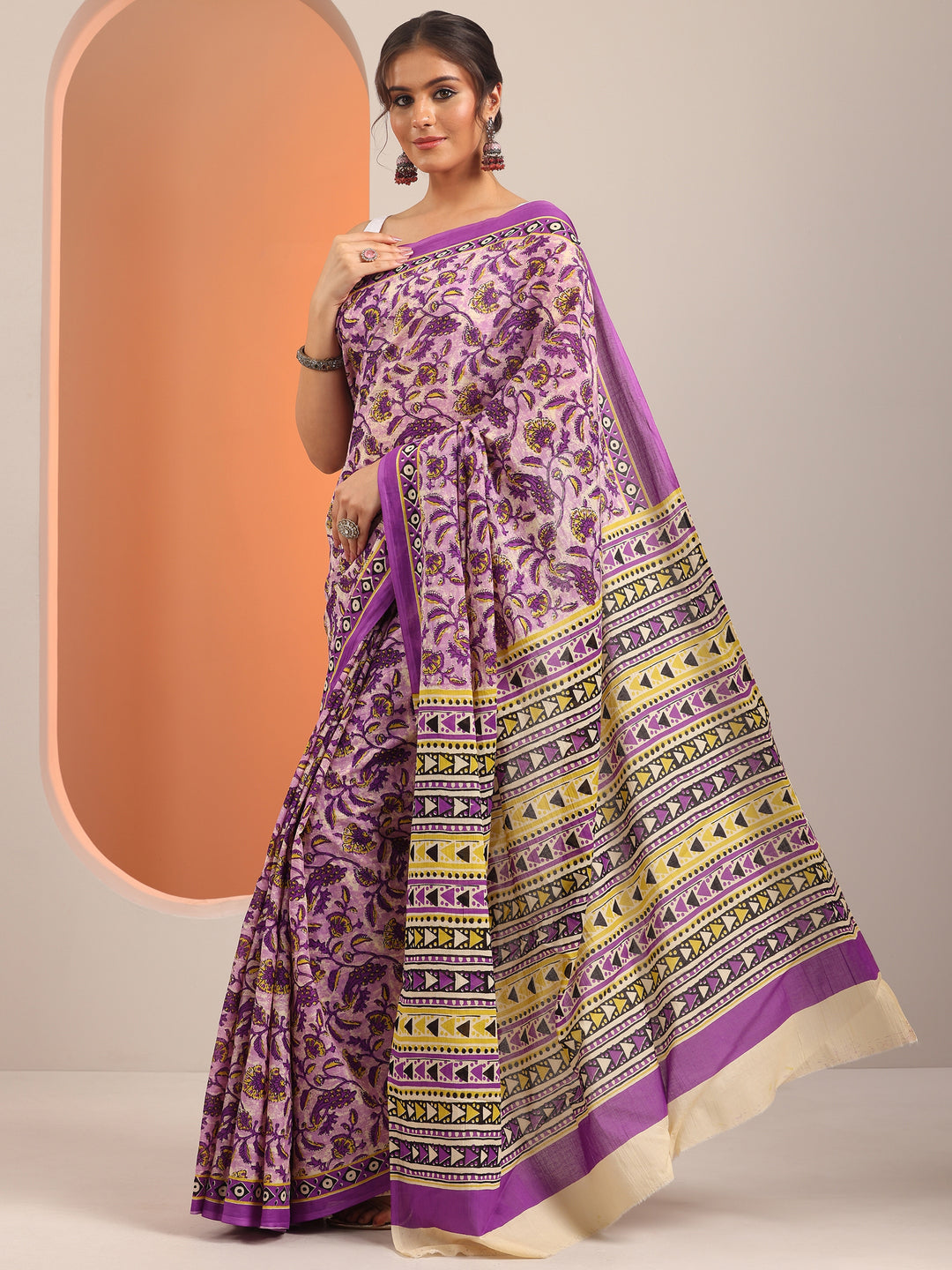  Purple Printed Cotton Saree With Unstitched Blouse Piece 