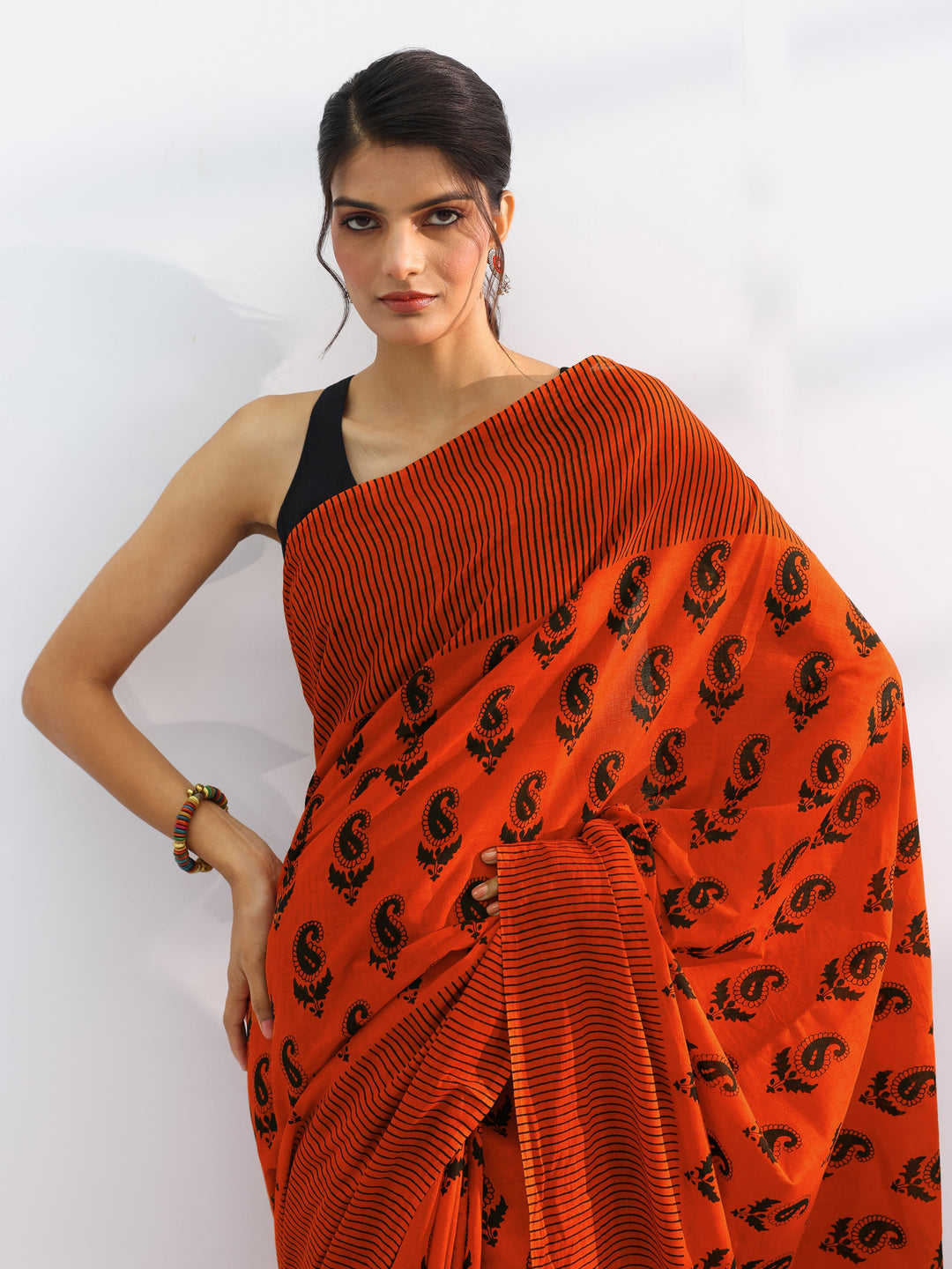  Orange Printed Cotton Saree With Unstitched Blouse Piece 