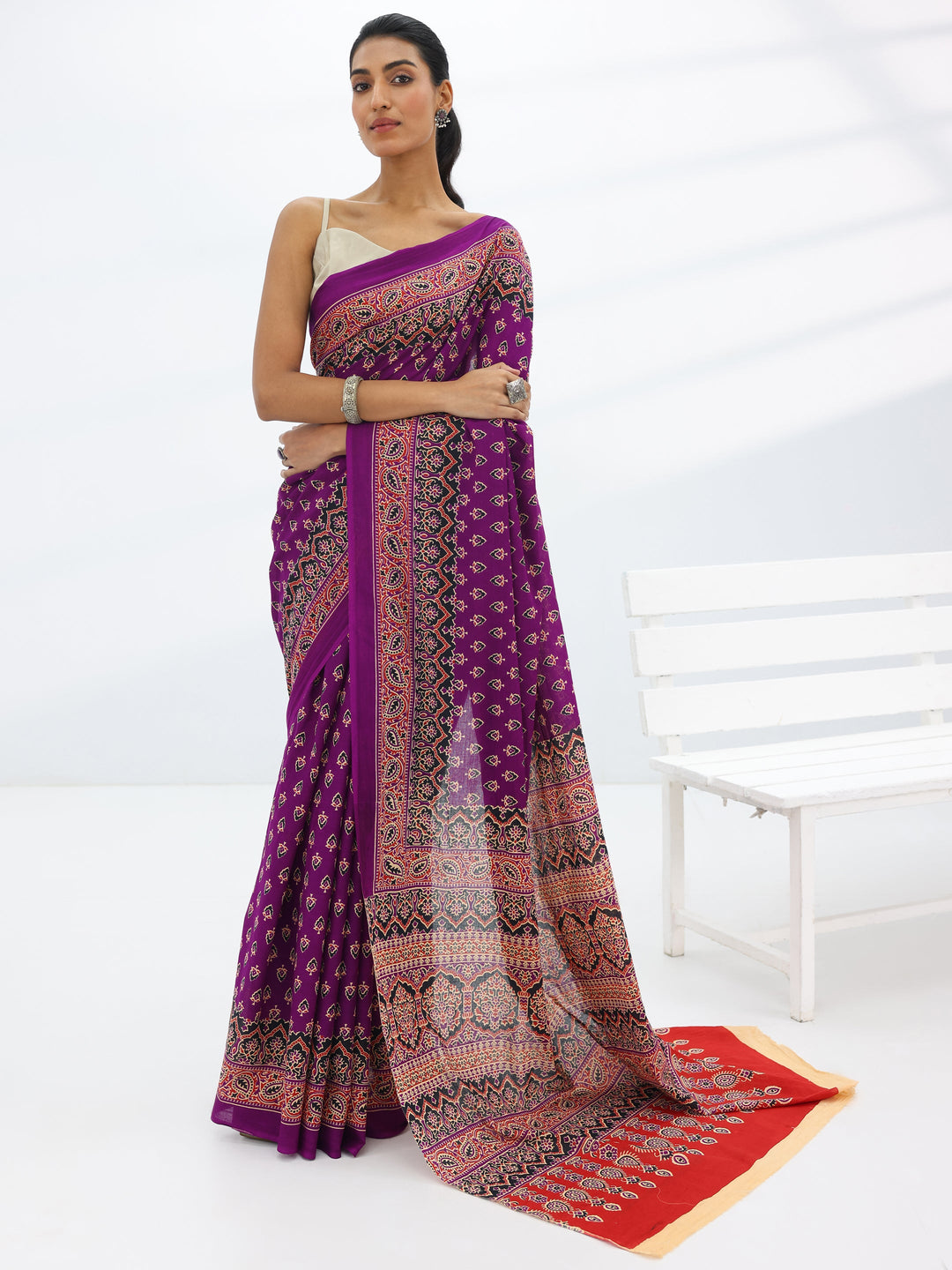  Burgundy Printed Cotton Saree With Unstitched Blouse Piece 