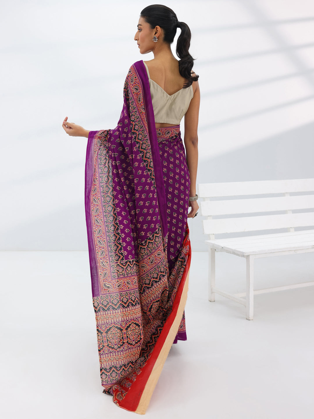  Burgundy Printed Cotton Saree With Unstitched Blouse Piece 