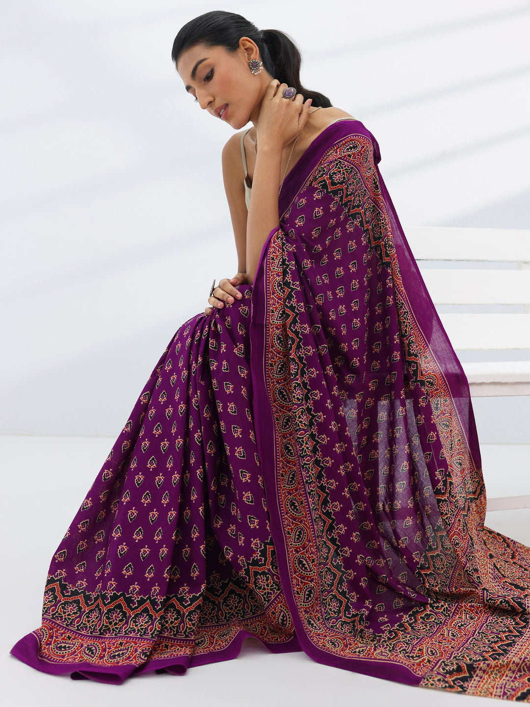  Burgundy Printed Cotton Saree With Unstitched Blouse Piece 