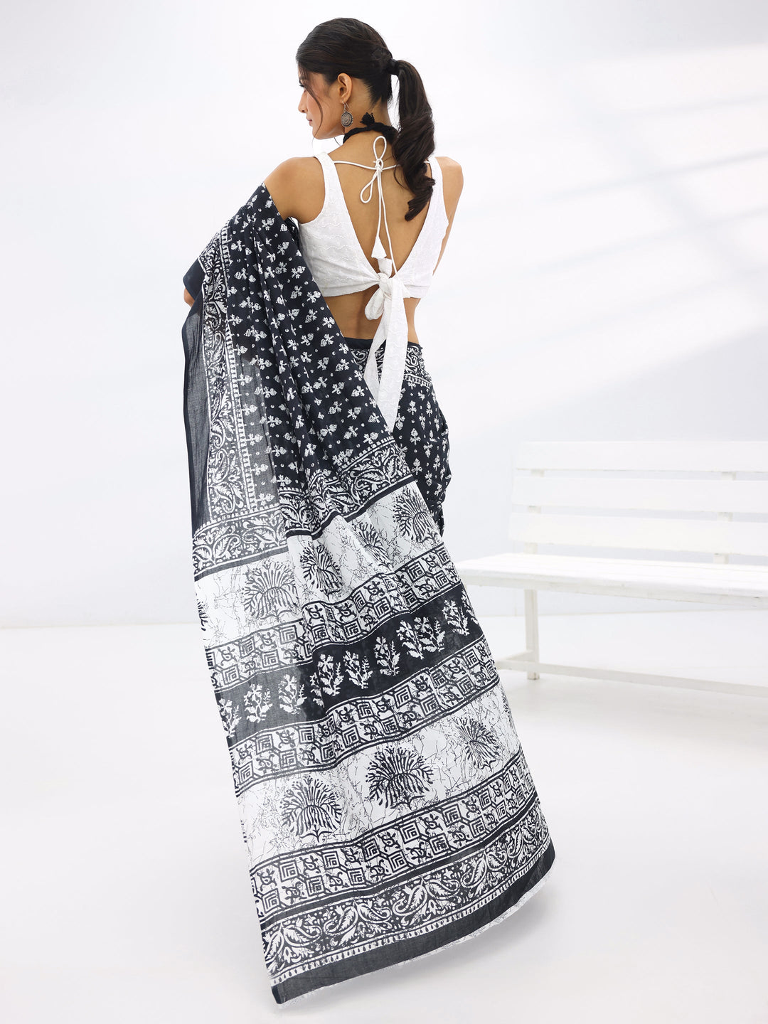  Black Printed Cotton Saree With Unstitched Blouse Piece 