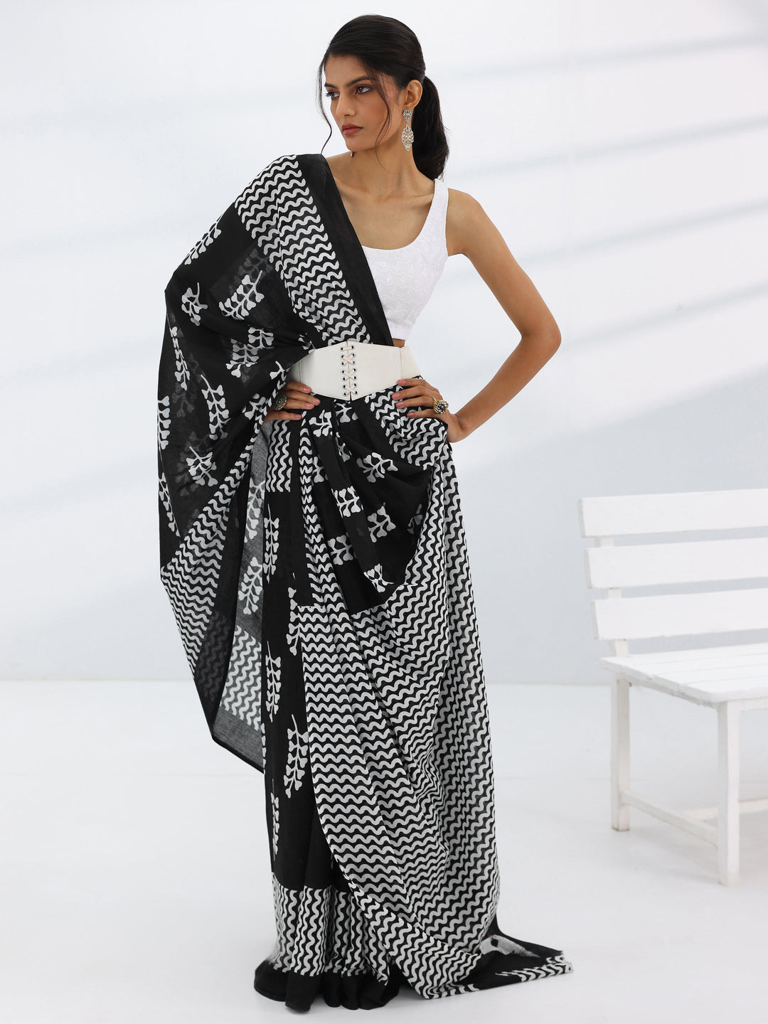  Black Printed Cotton Saree With Unstitched Blouse Piece 