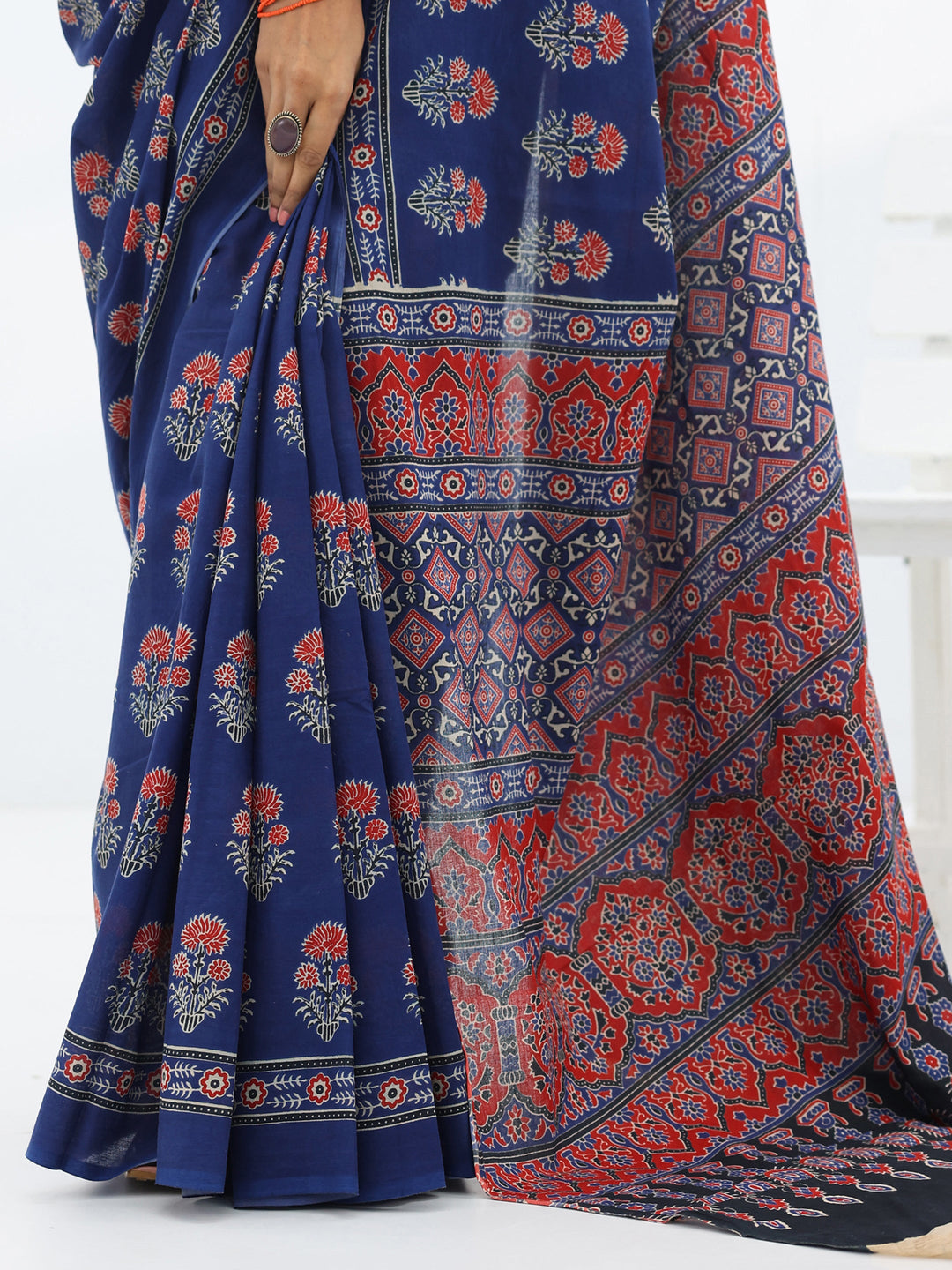  Blue Printed Cotton Saree With Unstitched Blouse Piece 