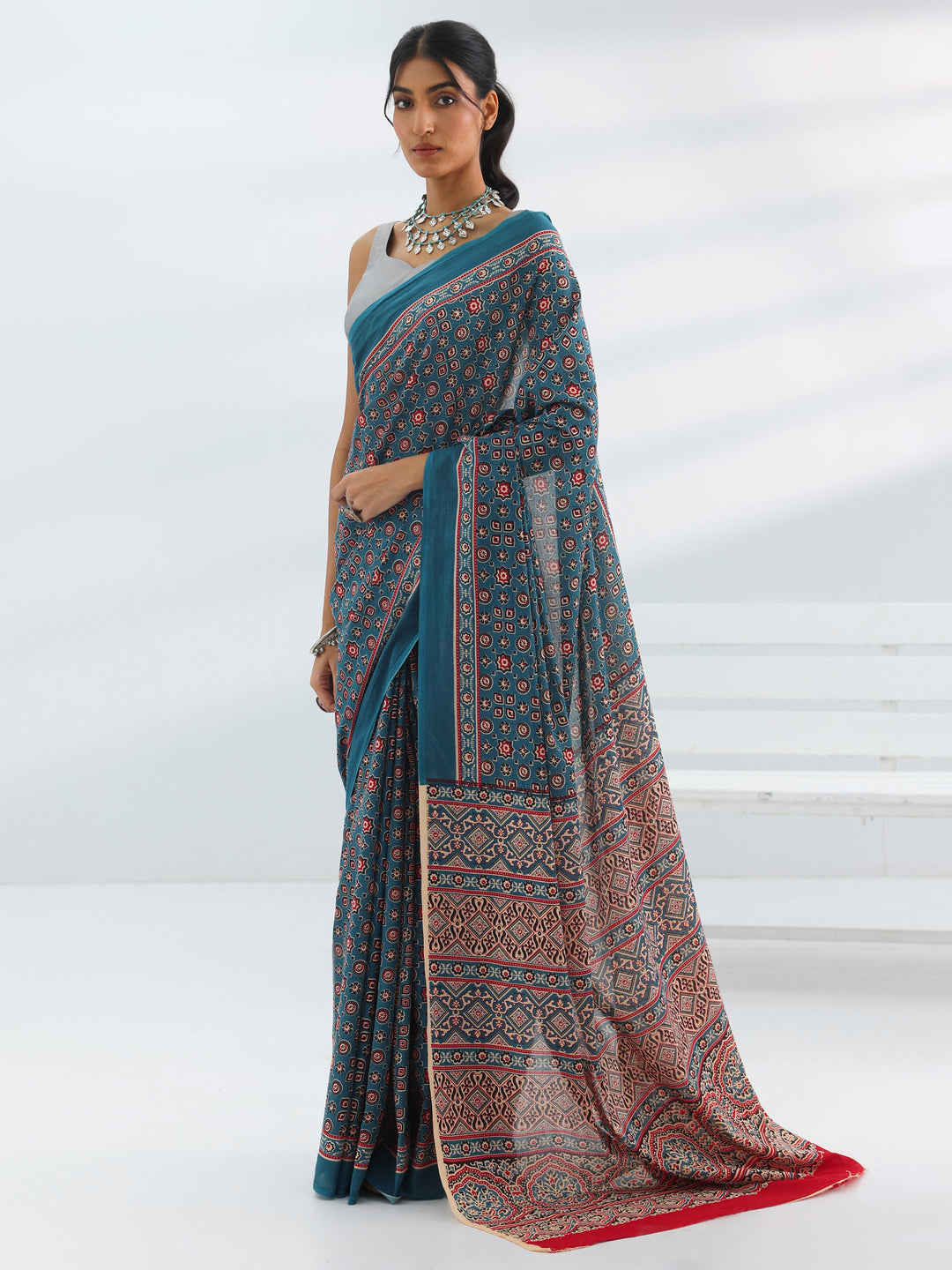  Blue Printed Cotton Saree With Unstitched Blouse Piece 