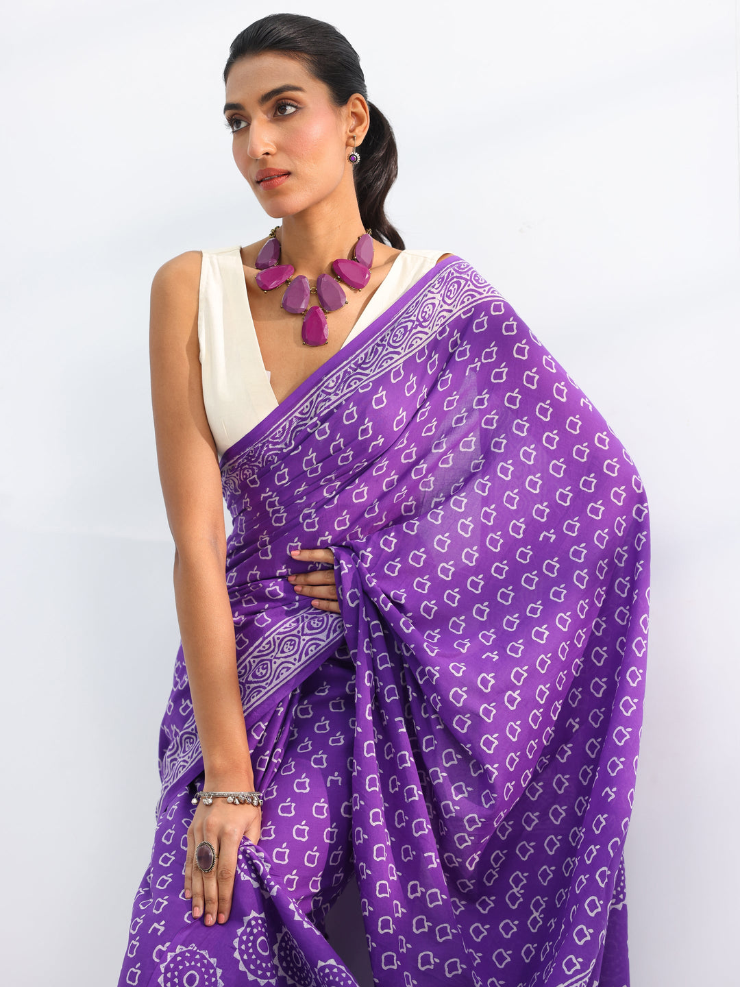  Purple Embellished Cotton Saree With Unstitched Blouse Piece 