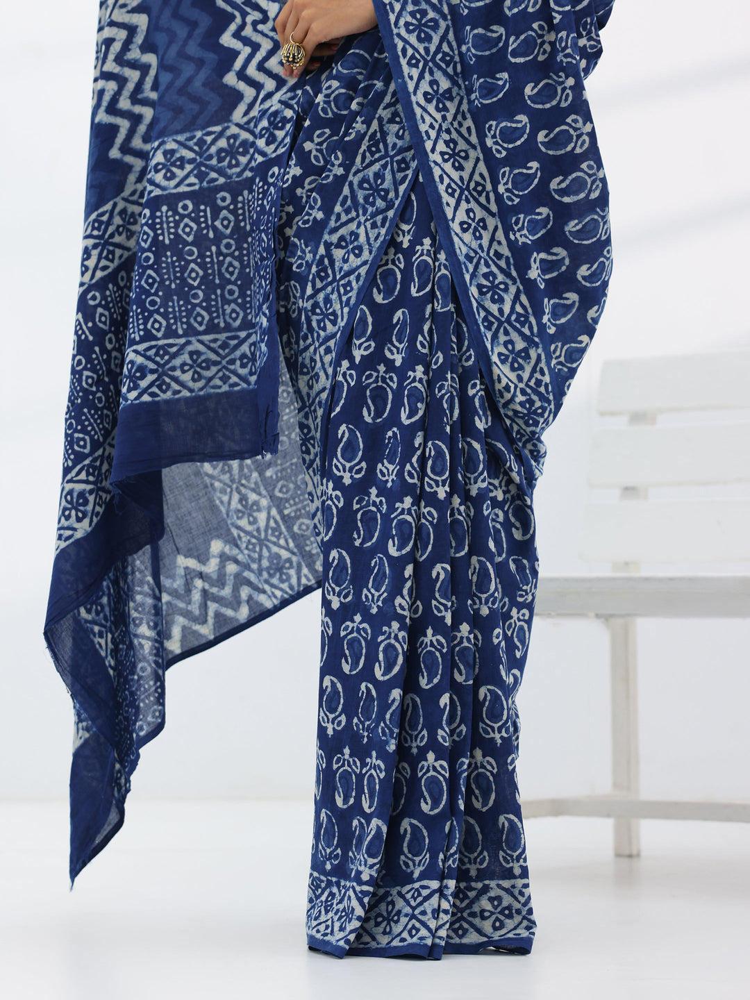  Blue Printed Cotton Saree With Unstitched Blouse Piece 