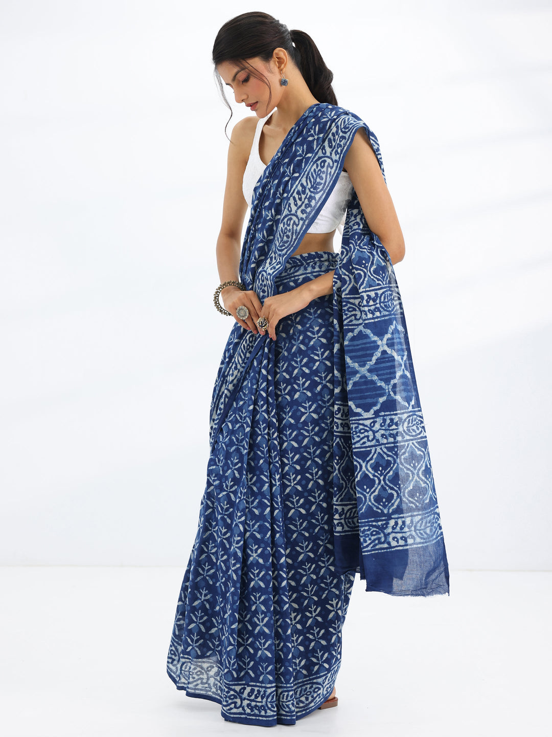  Blue Printed Cotton Saree With Unstitched Blouse Piece 