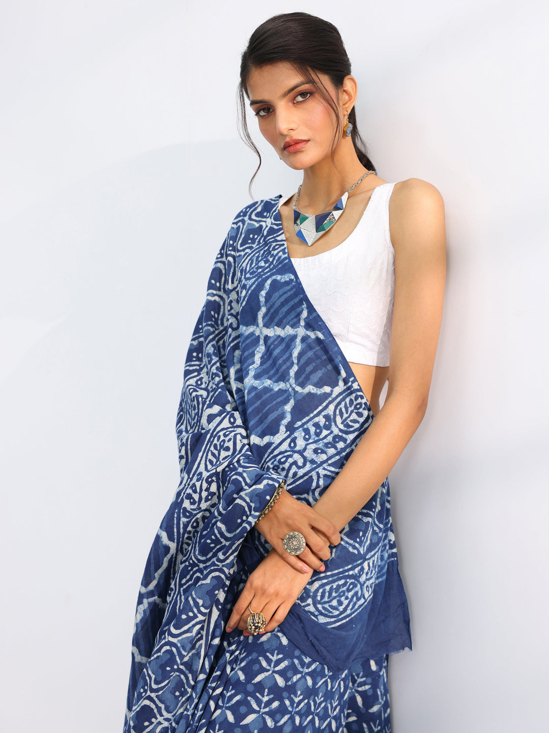 Blue Printed Cotton Saree With Unstitched Blouse Piece 