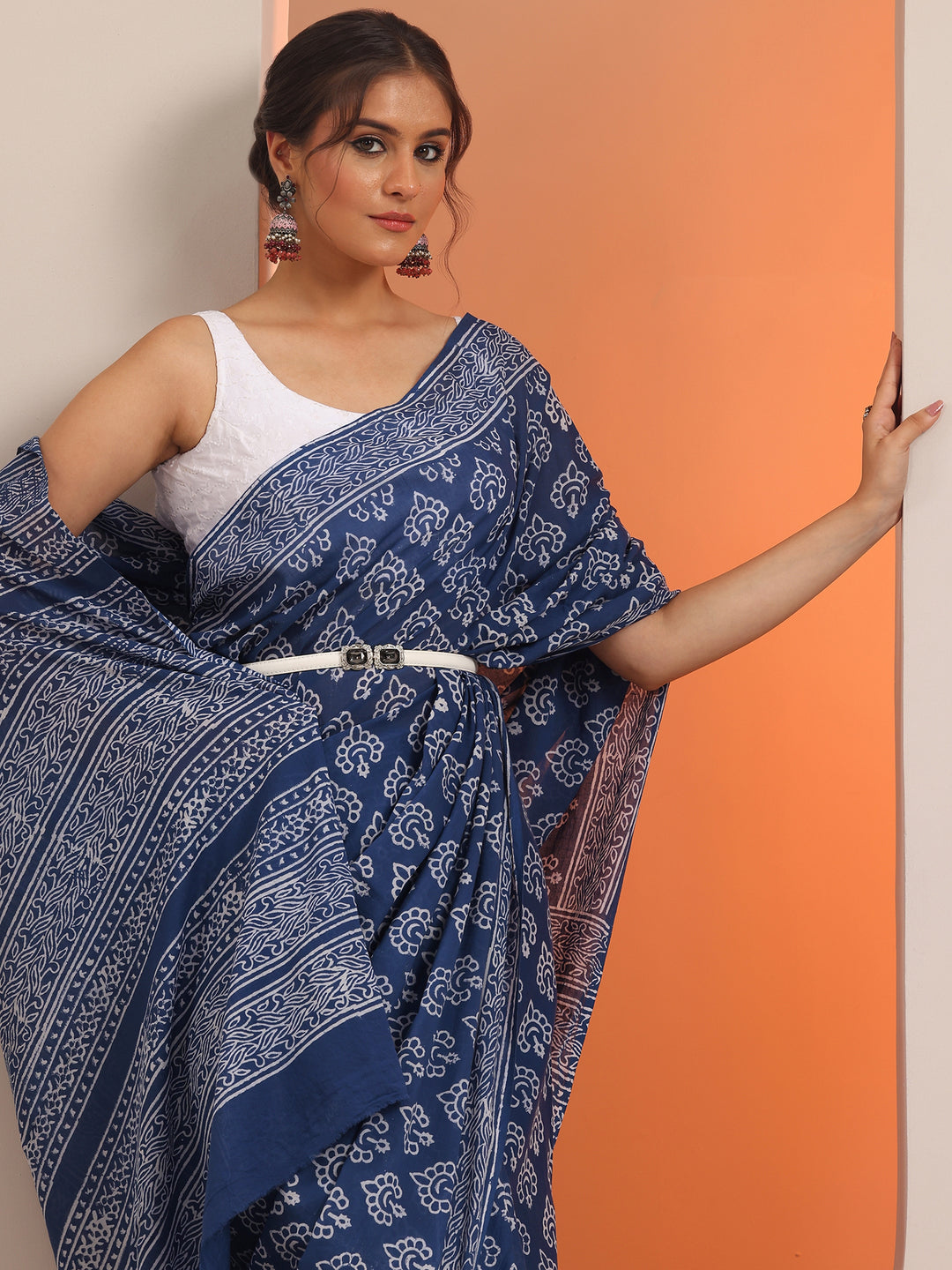  Blue Printed Cotton Saree With Unstitched Blouse Piece 