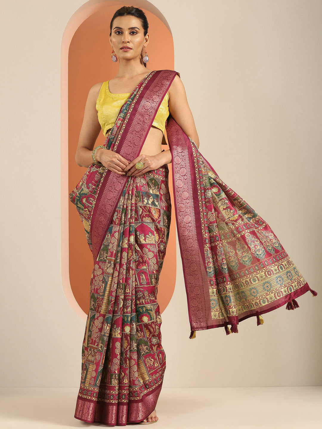  Multi Printed Silk Blend Saree With Unstitched Blouse Piece 