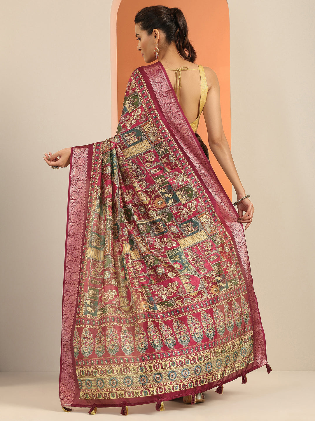  Multi Printed Silk Blend Saree With Unstitched Blouse Piece 