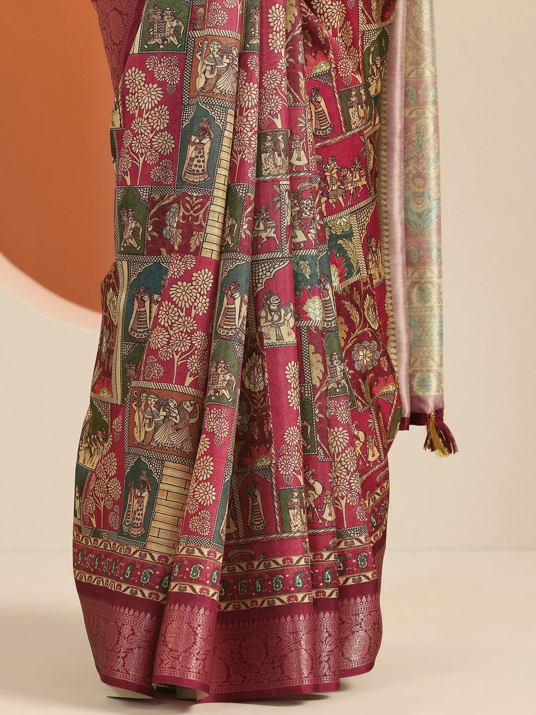  Multi Printed Silk Blend Saree With Unstitched Blouse Piece 