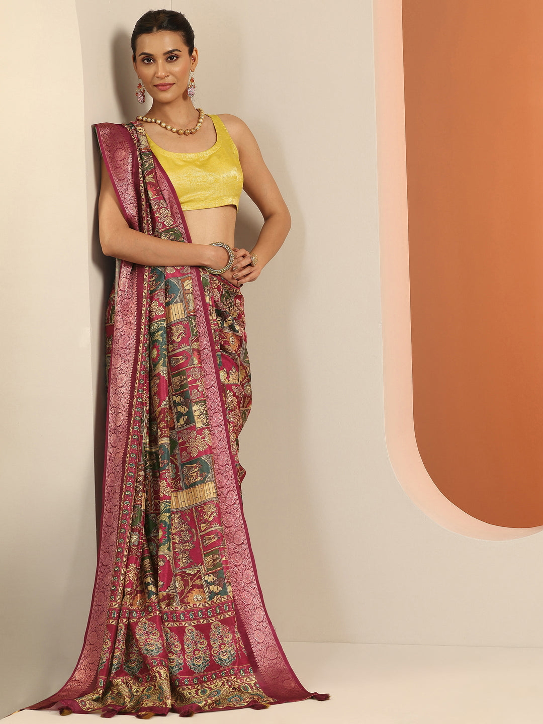  Multi Printed Silk Blend Saree With Unstitched Blouse Piece 
