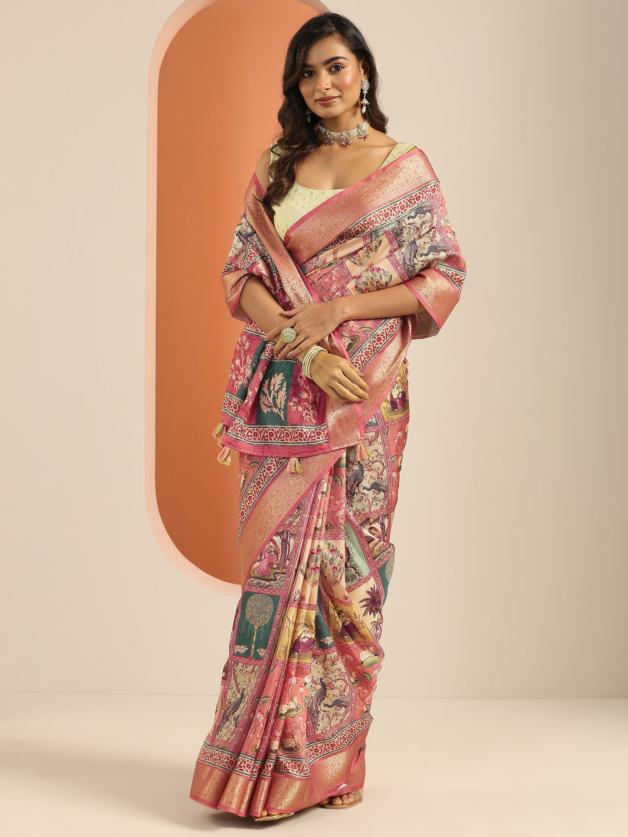libas Peach Printed Silk Blend Saree With Unstitched Blouse Piece-picture-43