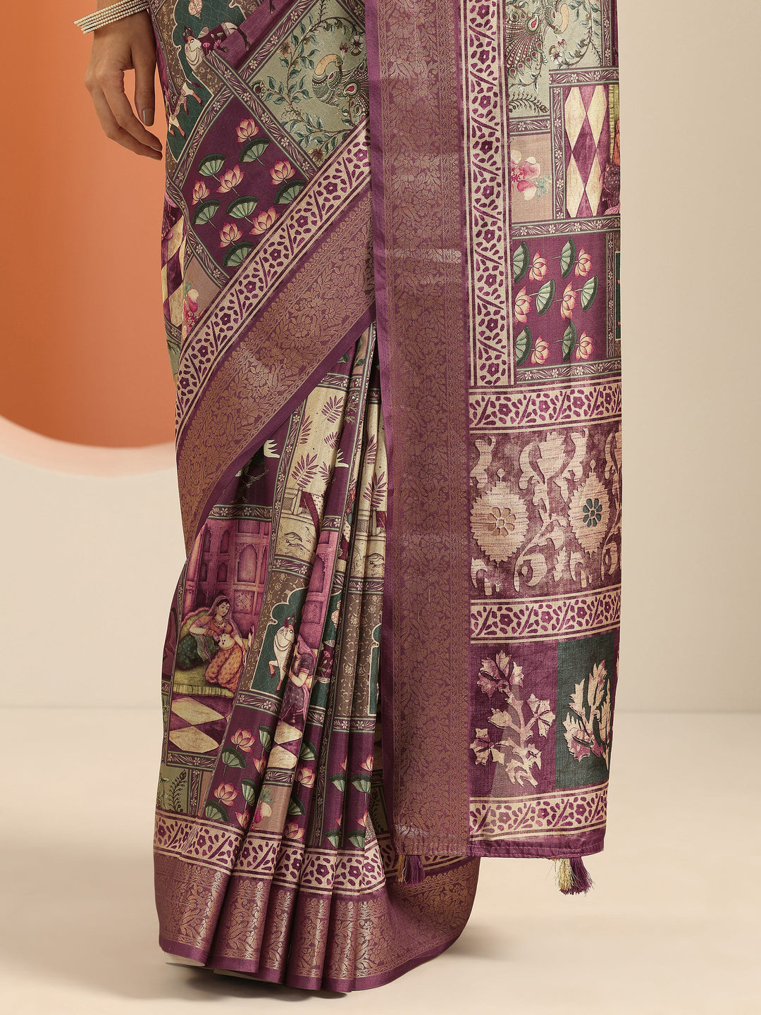  Mauve Printed Silk Blend Saree With Unstitched Blouse Piece 