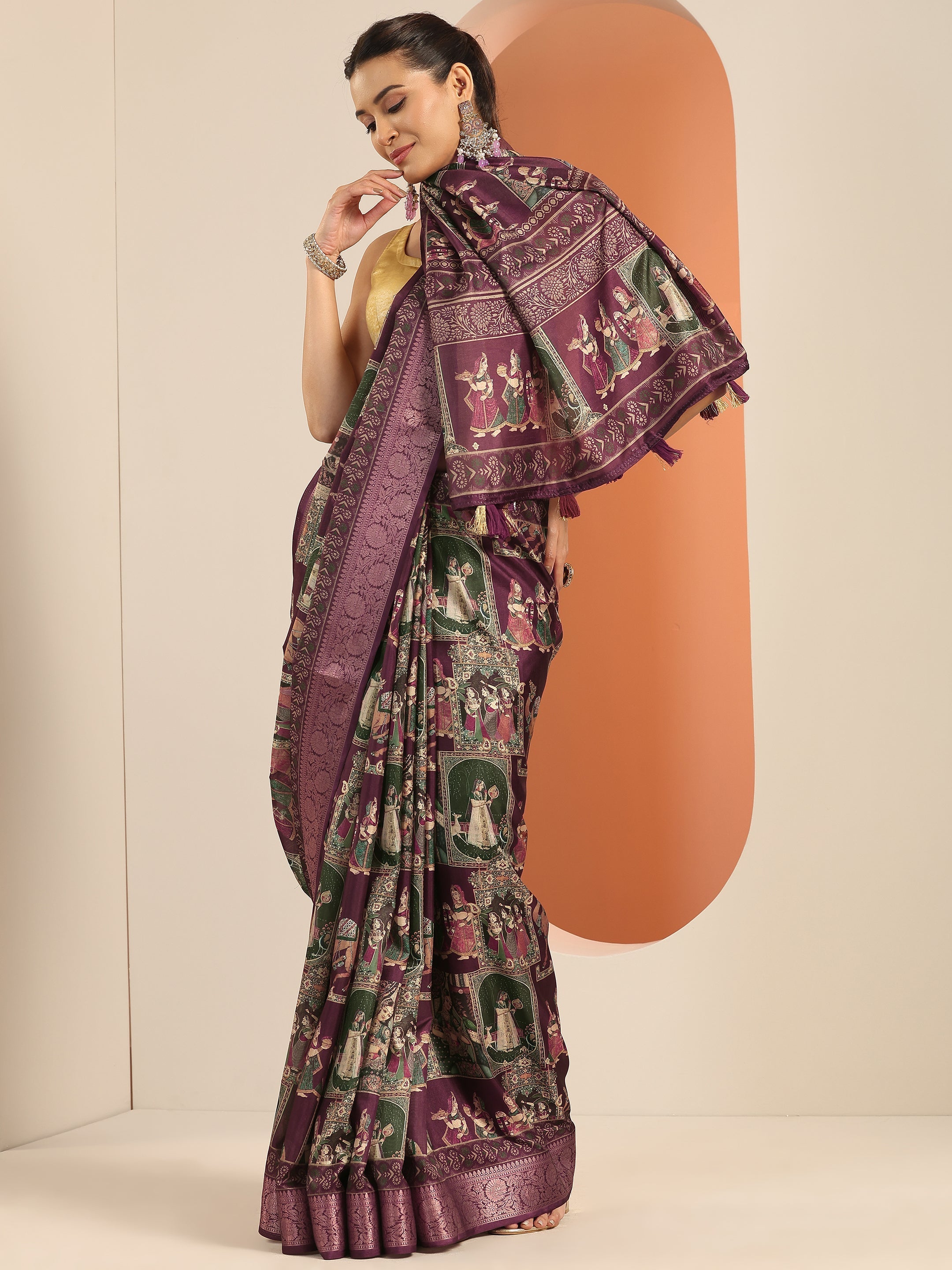libas Burgundy Kalamkari Printed Silk Blend Saree With Unstitched Blouse Piece-picture-36