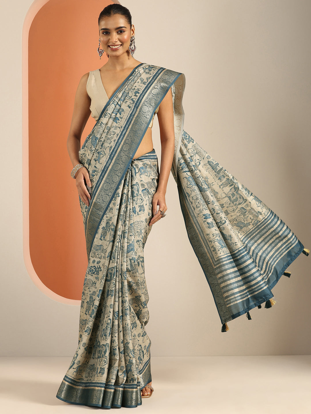  Blue Printed Silk Blend Saree With Unstitched Blouse Piece 