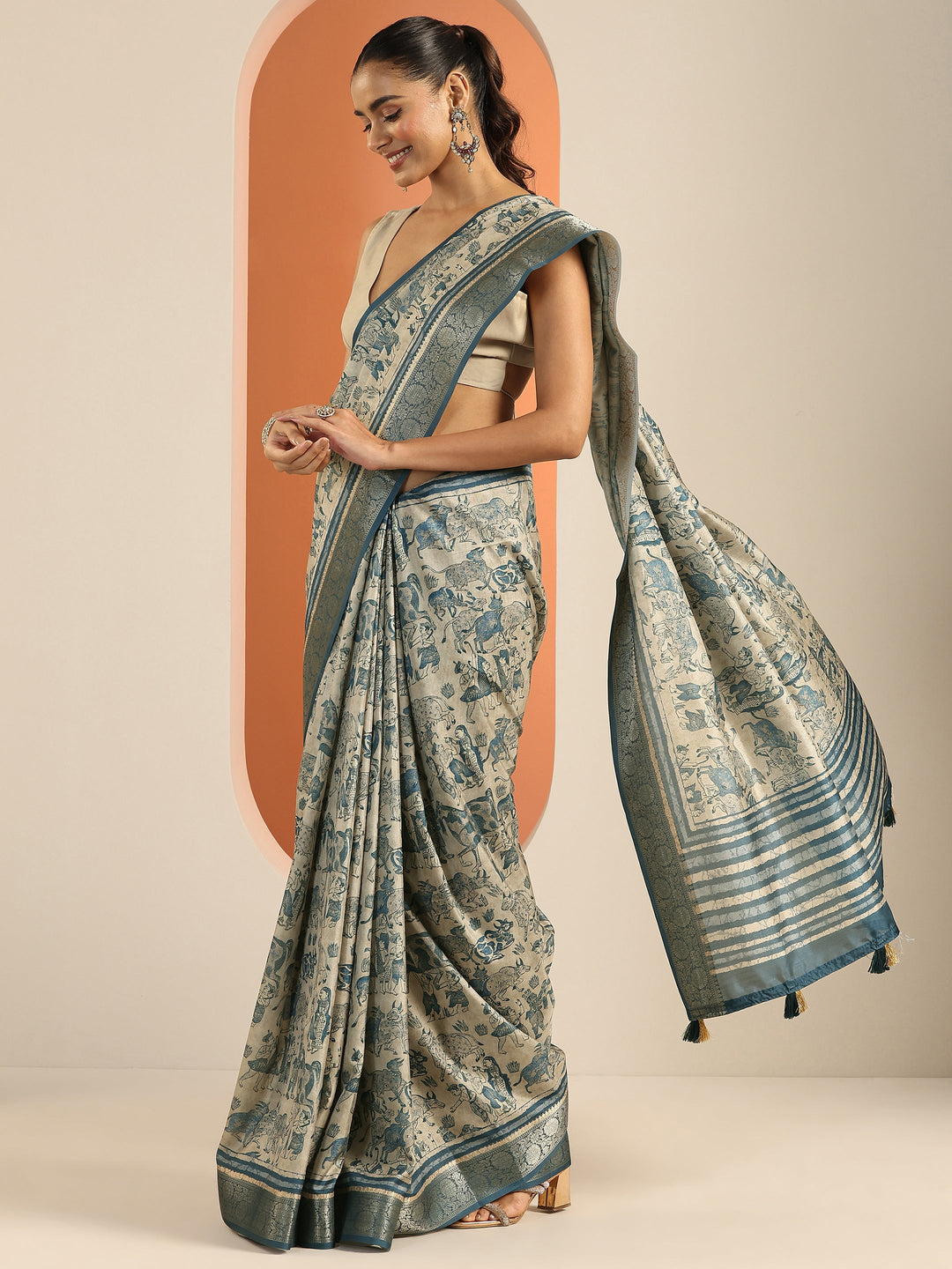  Blue Printed Silk Blend Saree With Unstitched Blouse Piece 