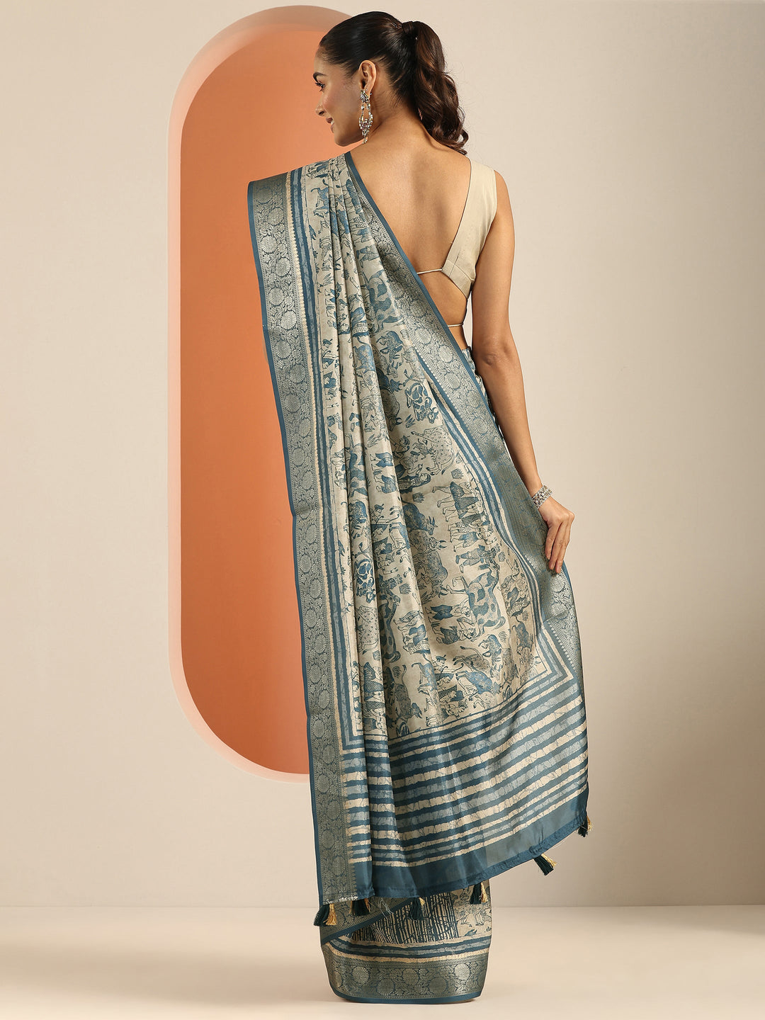  Blue Printed Silk Blend Saree With Unstitched Blouse Piece 