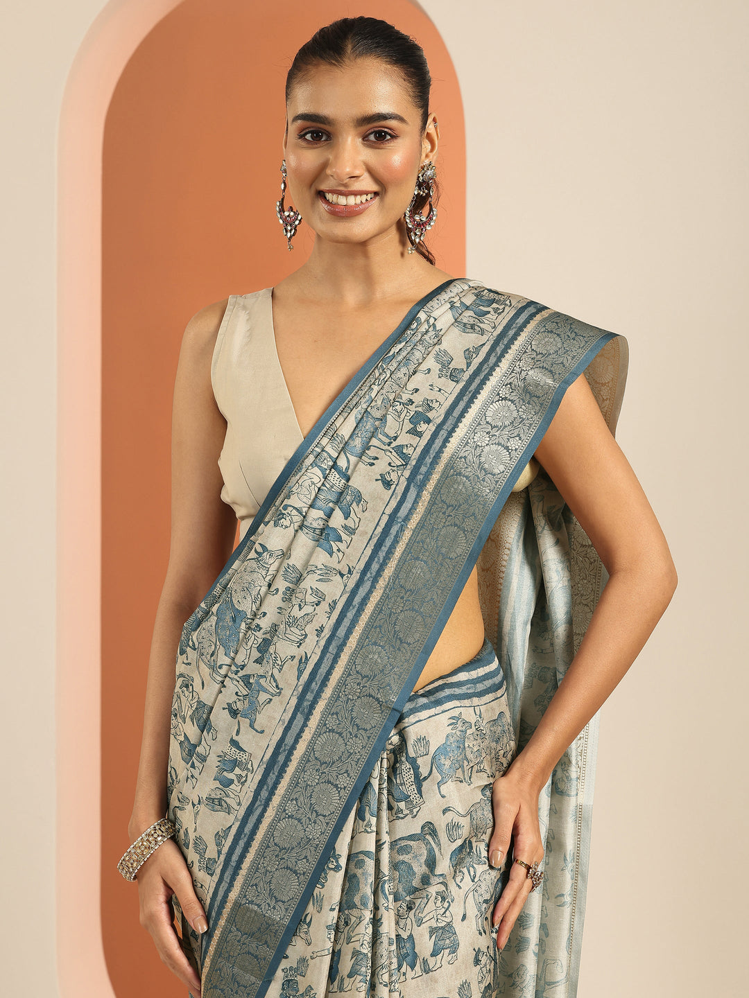  Blue Printed Silk Blend Saree With Unstitched Blouse Piece 