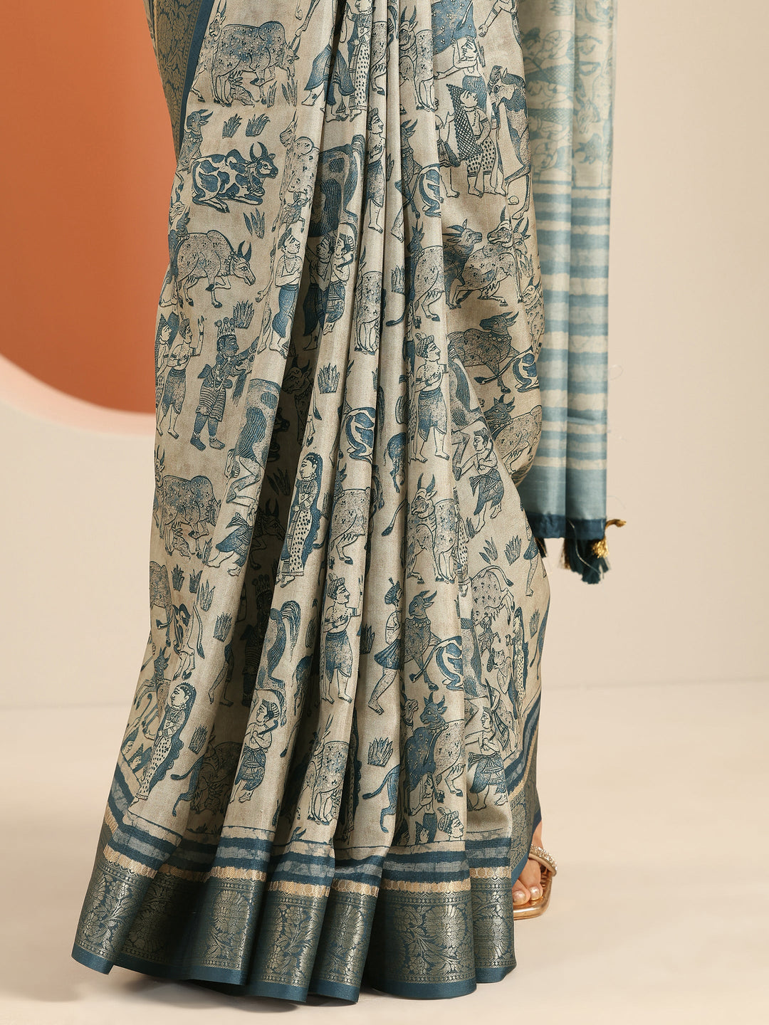  Blue Printed Silk Blend Saree With Unstitched Blouse Piece 