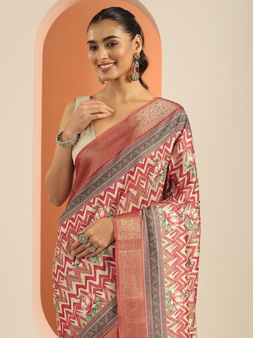  Rust Printed Silk Blend Saree With Unstitched Blouse Piece 