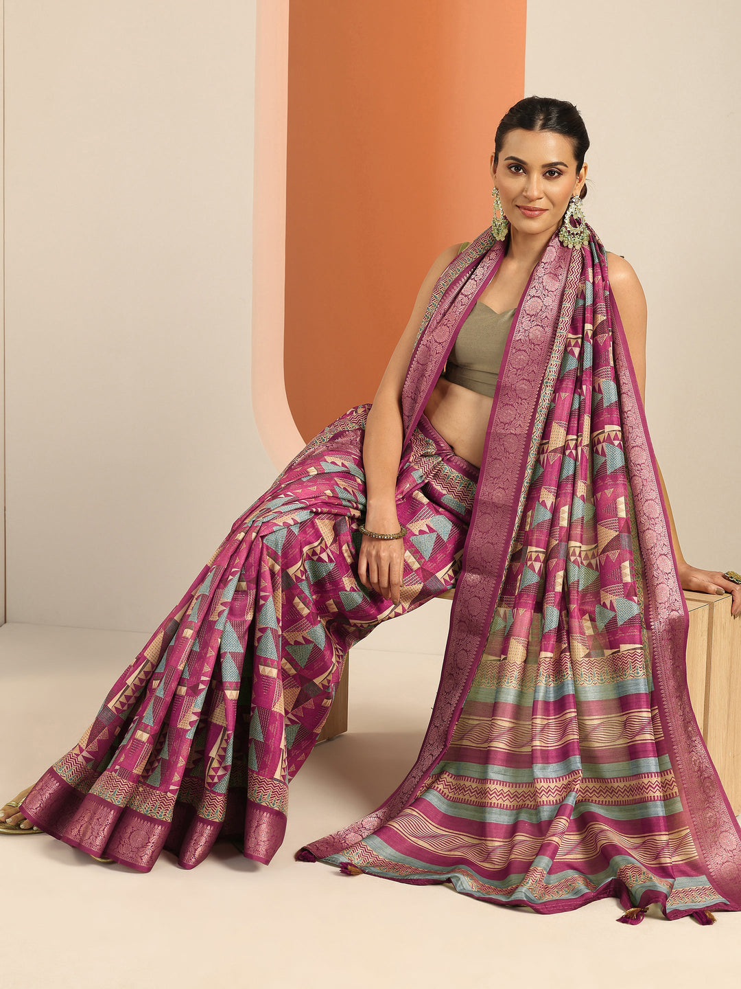  Pink Printed Silk Blend Saree With Unstitched Blouse Piece 