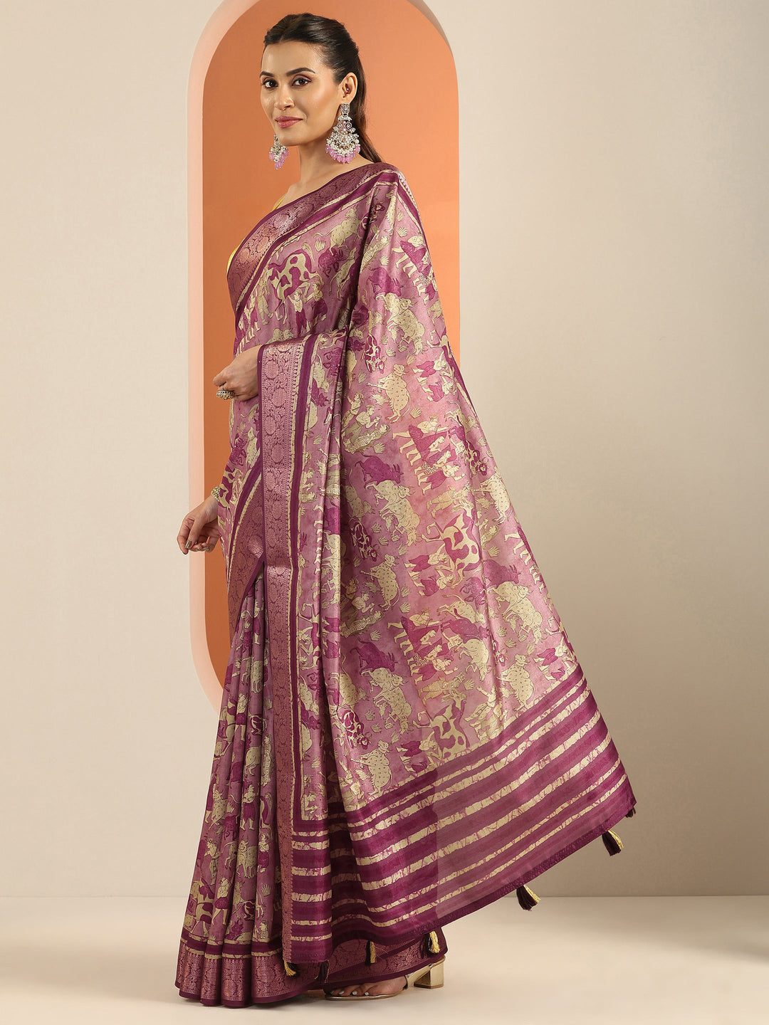  Mauve Printed Silk Blend Saree With Unstitched Blouse Piece 