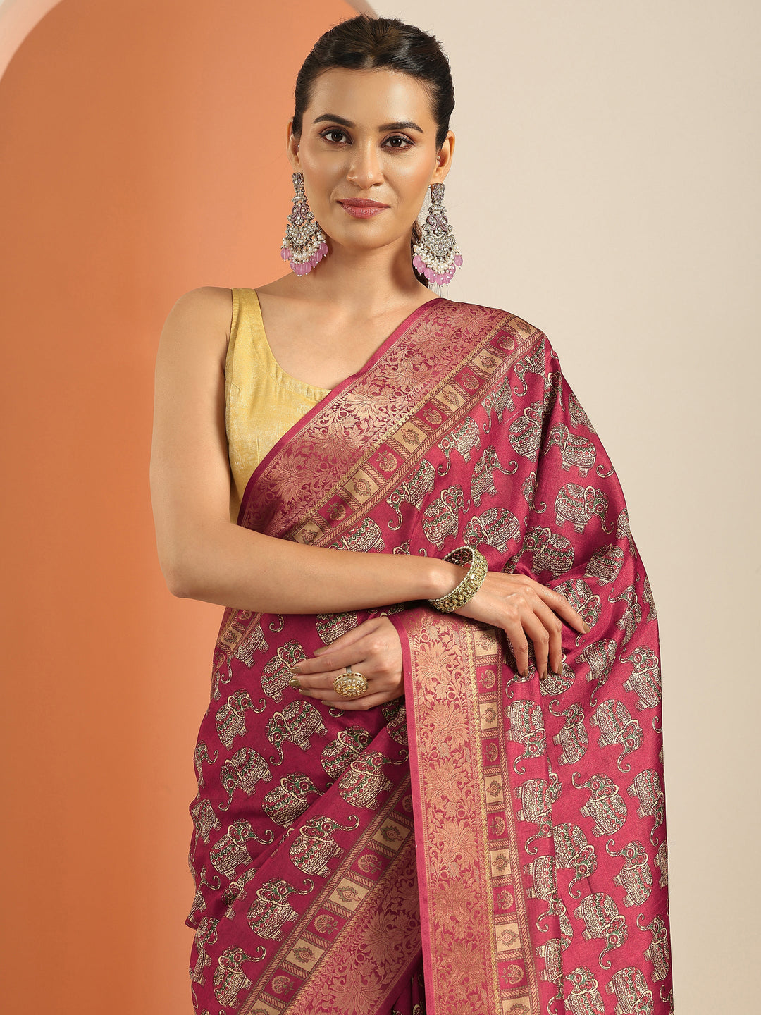  Red Printed Silk Blend Saree With Unstitched Blouse Piece 