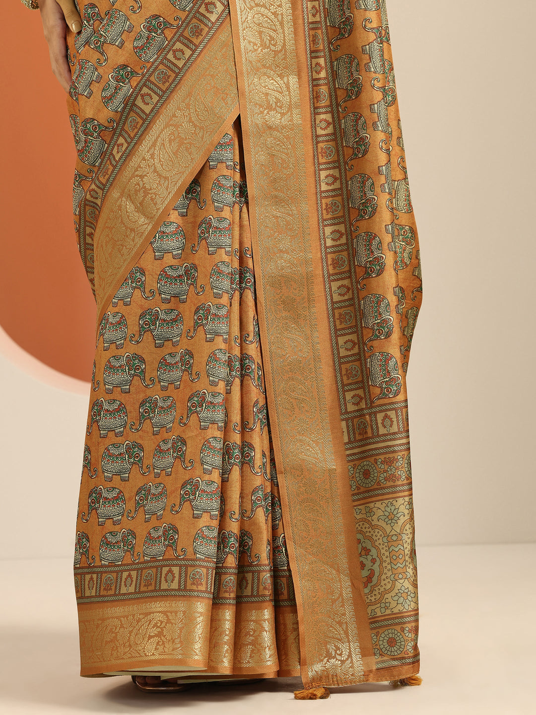  Mustard Printed Silk Blend Saree With Unstitched Blouse Piece 
