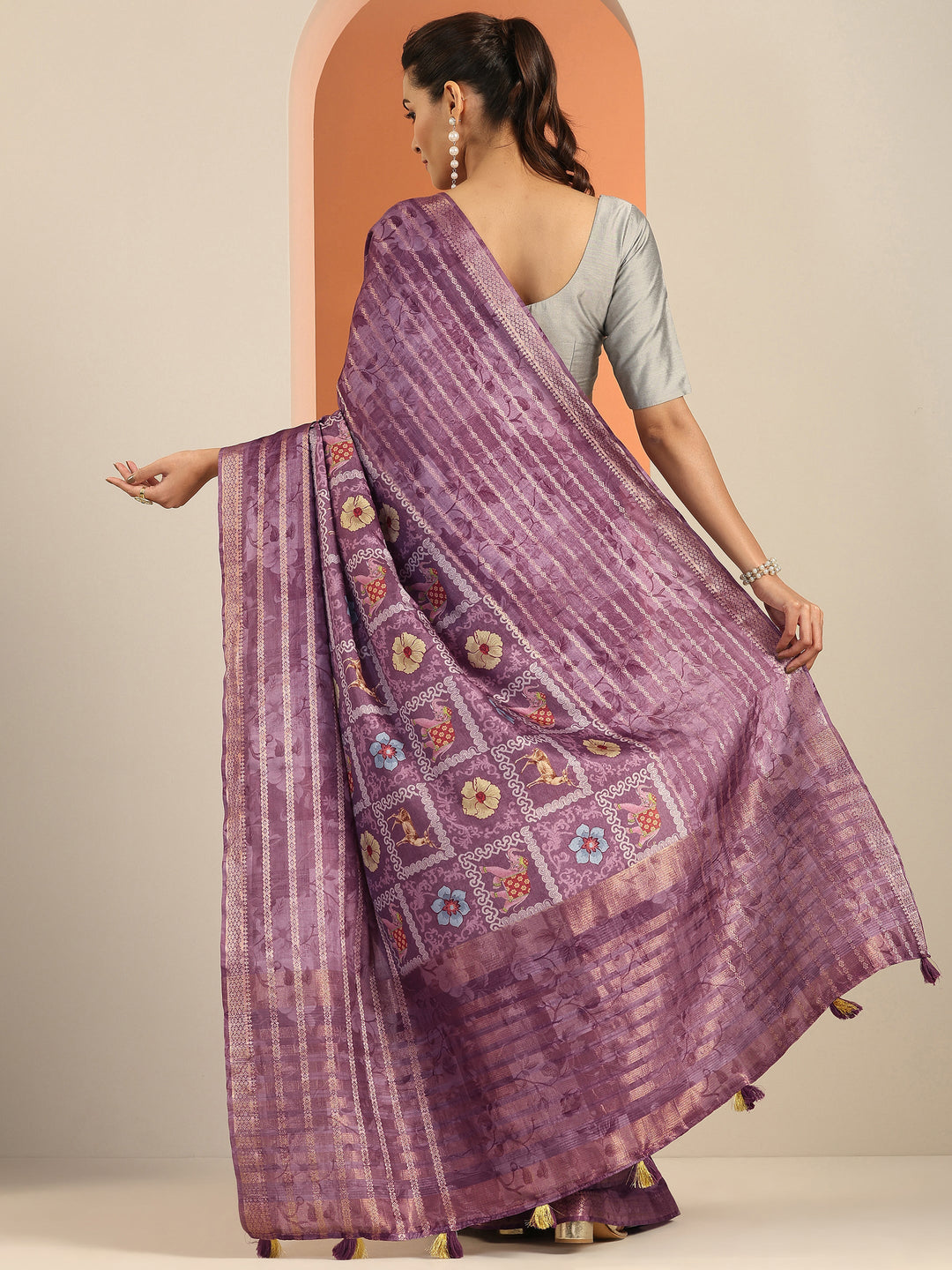  Mauve Printed Silk Blend Saree With Unstitched Blouse Piece 