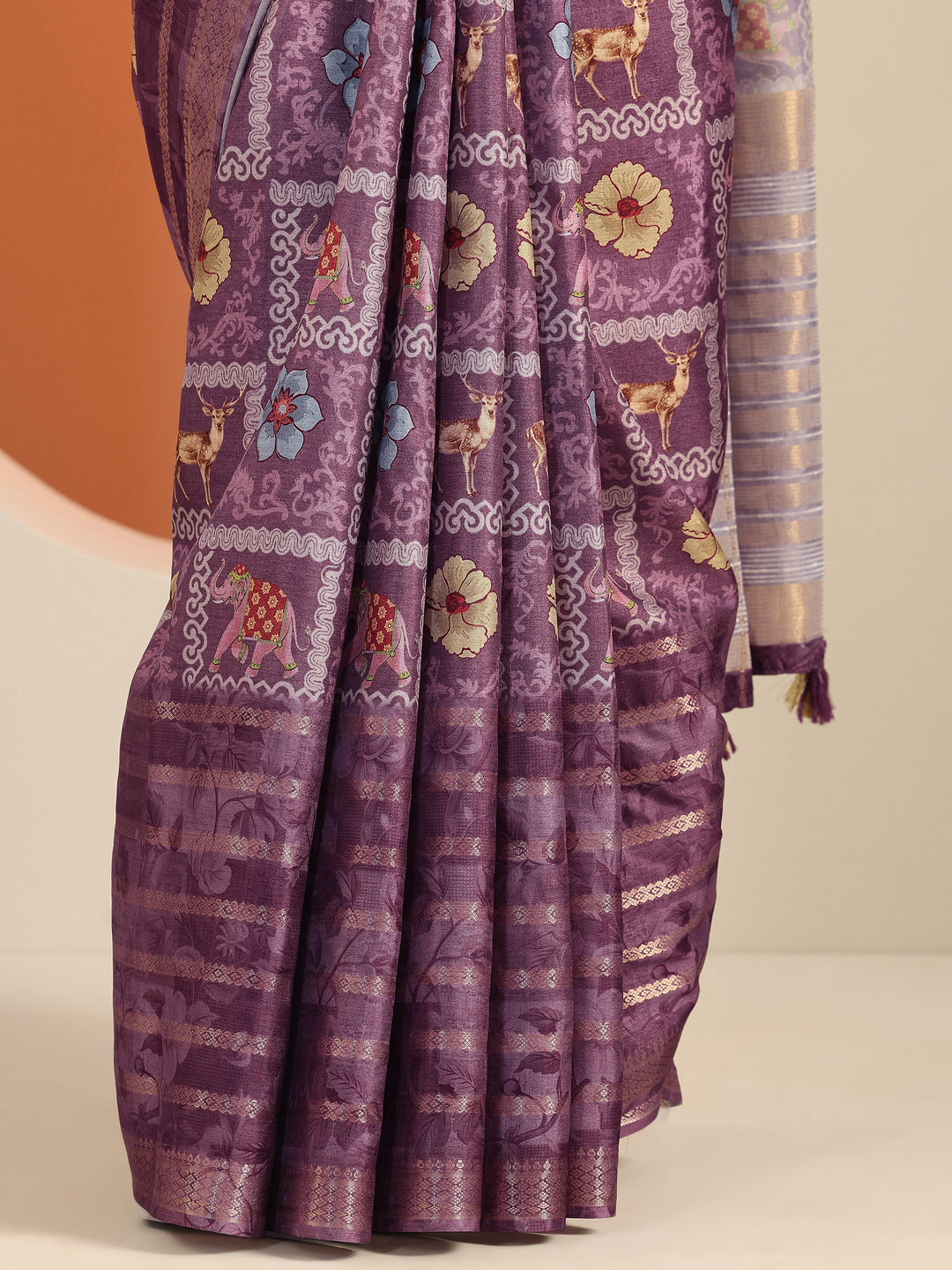  Mauve Printed Silk Blend Saree With Unstitched Blouse Piece 