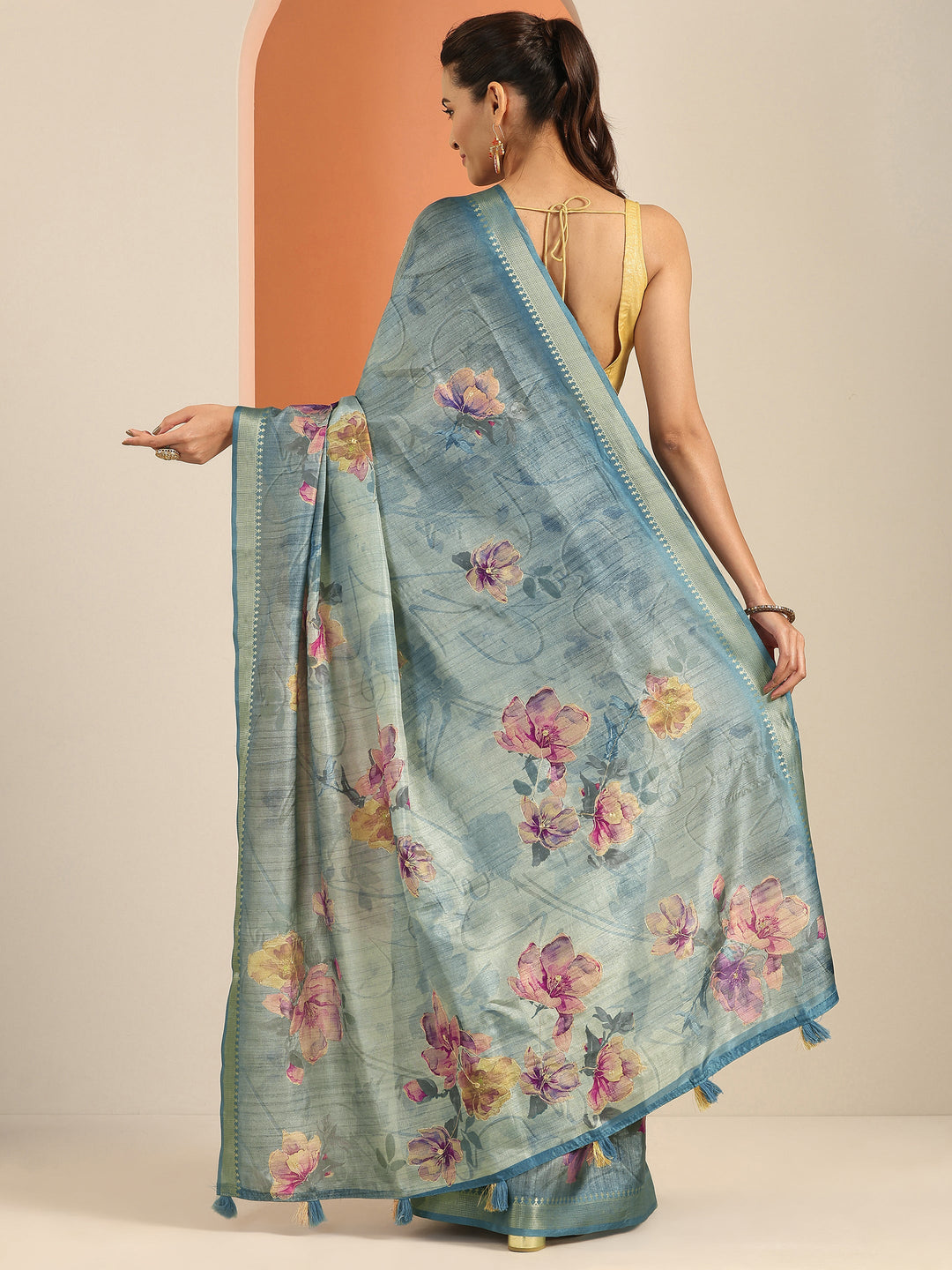 Blue Printed Silk Blend Saree With Unstitched Blouse Piece 
