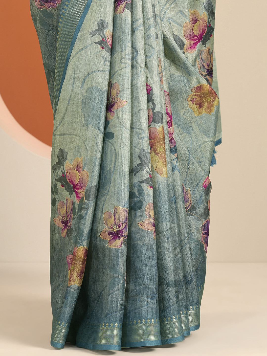  Blue Printed Silk Blend Saree With Unstitched Blouse Piece 
