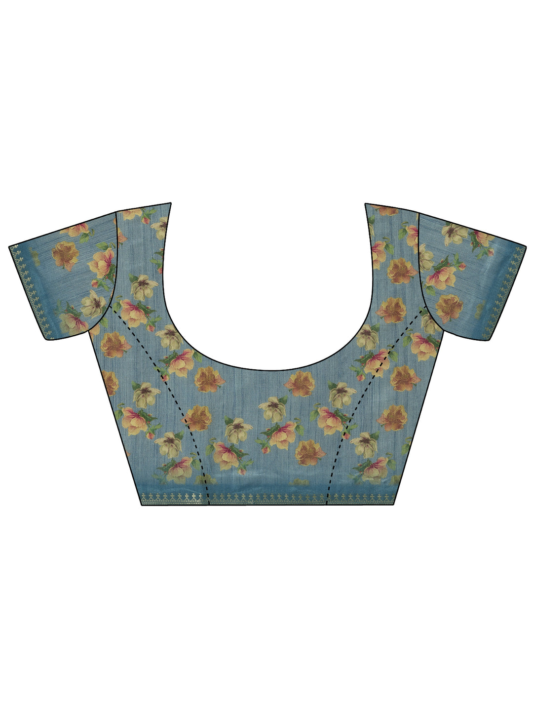  Blue Printed Silk Blend Saree With Unstitched Blouse Piece 