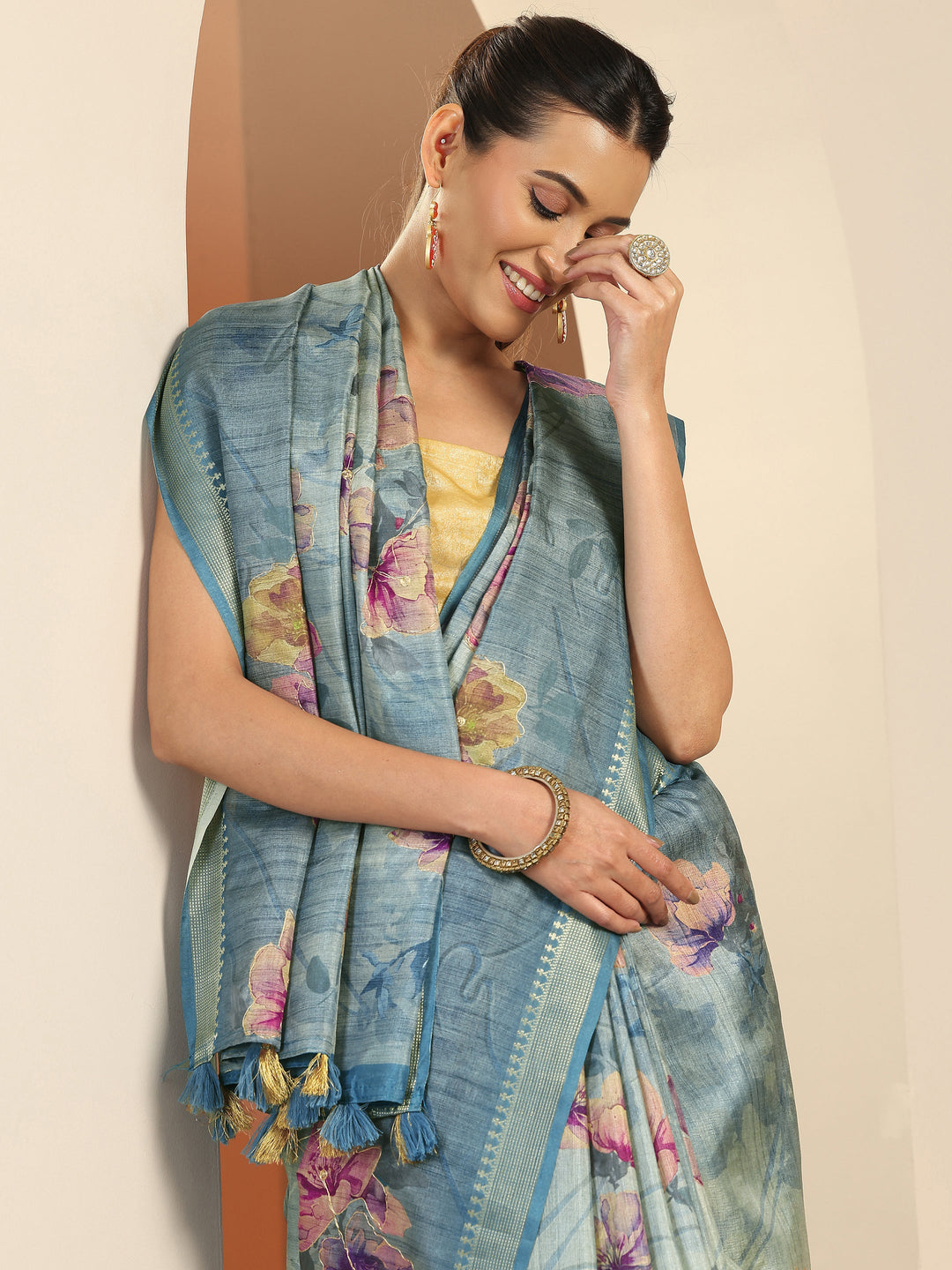  Blue Printed Silk Blend Saree With Unstitched Blouse Piece 