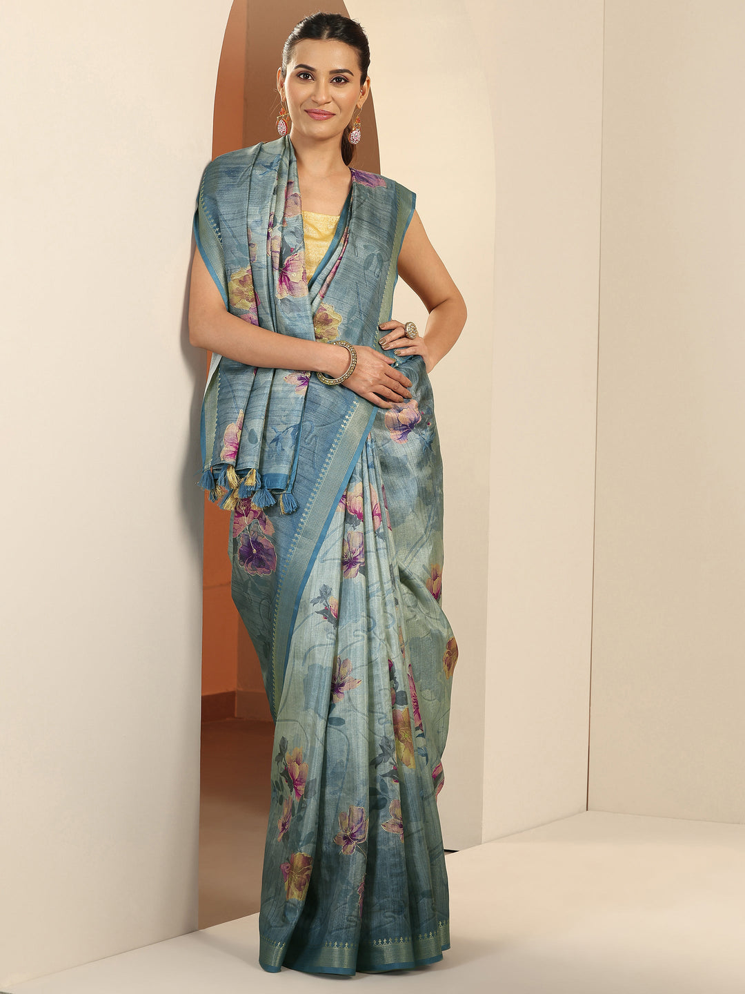  Blue Printed Silk Blend Saree With Unstitched Blouse Piece 