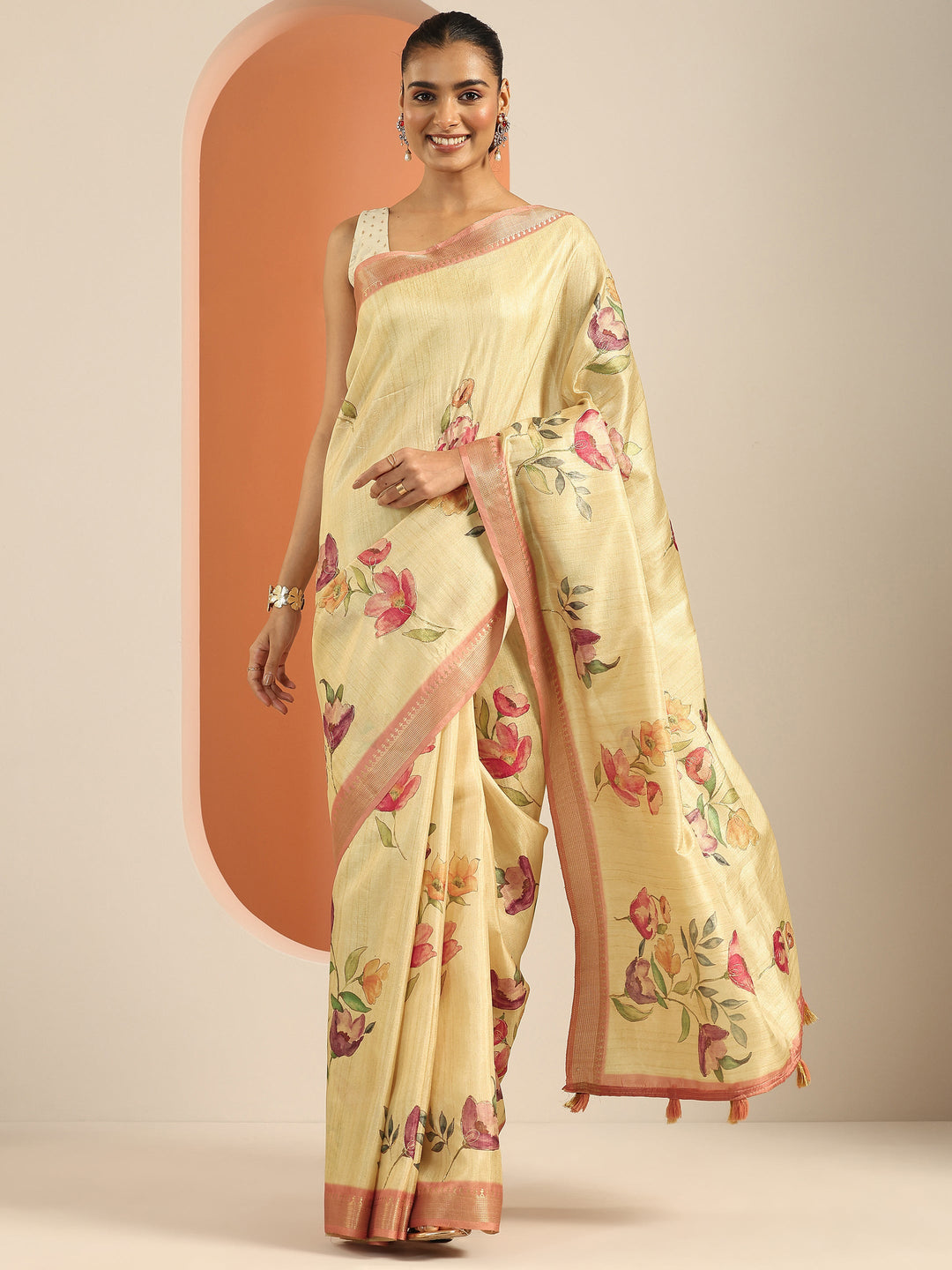  Beige Printed Silk Blend Saree With Unstitched Blouse Piece 