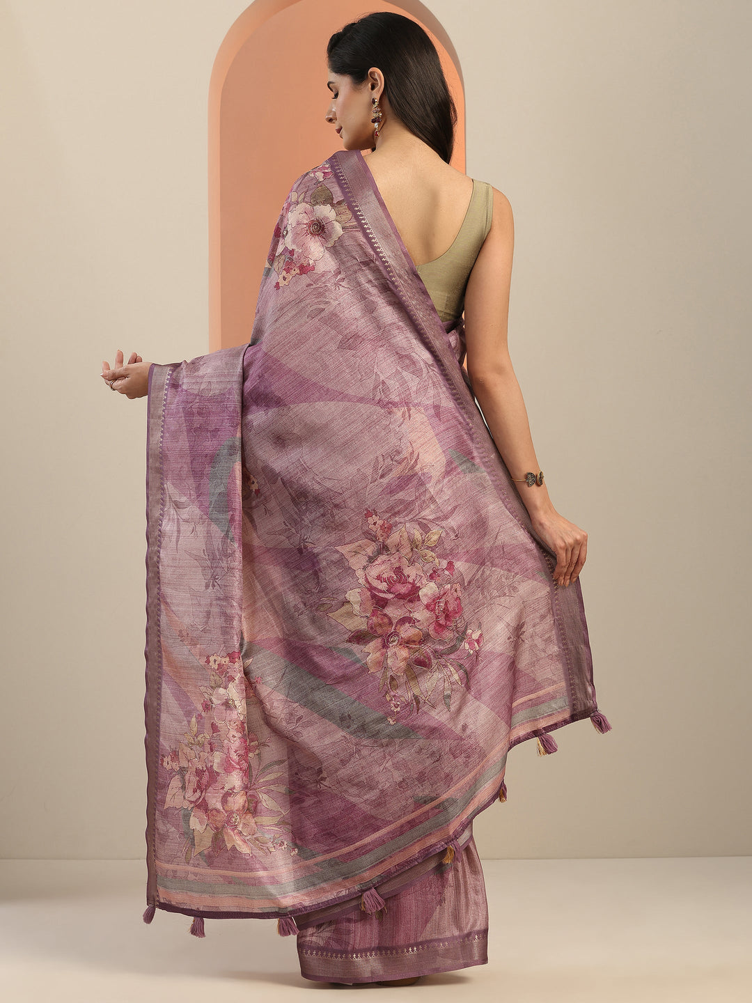  Mauve Printed Silk Blend Saree With Unstitched Blouse Piece 