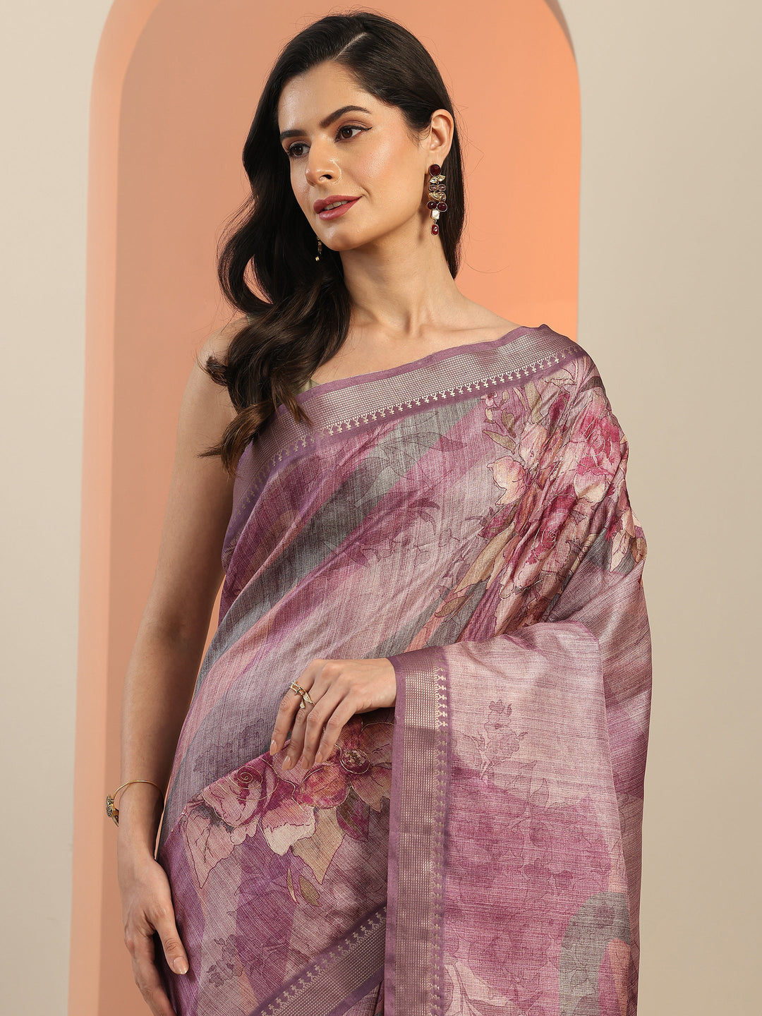  Mauve Printed Silk Blend Saree With Unstitched Blouse Piece 