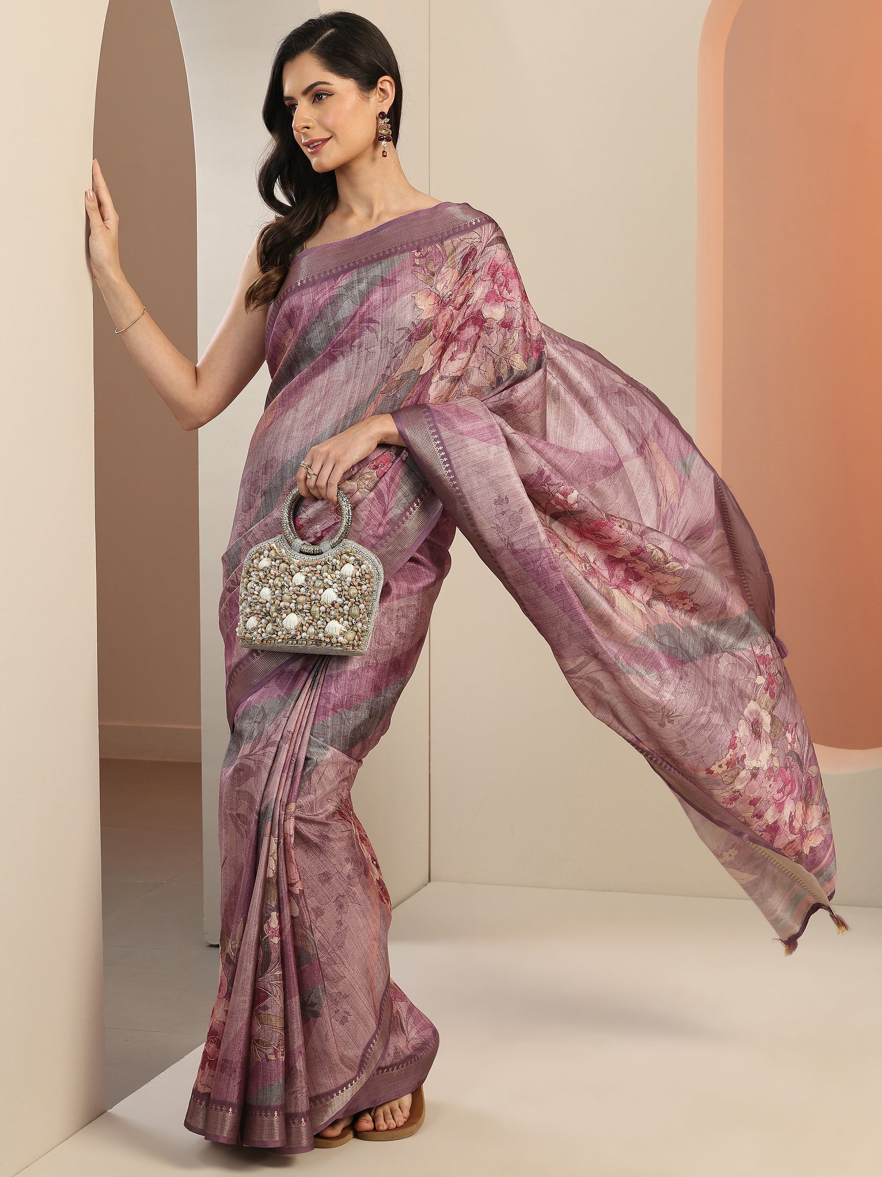 Mauve Printed Silk Blend Saree With Unstitched Blouse Piece
