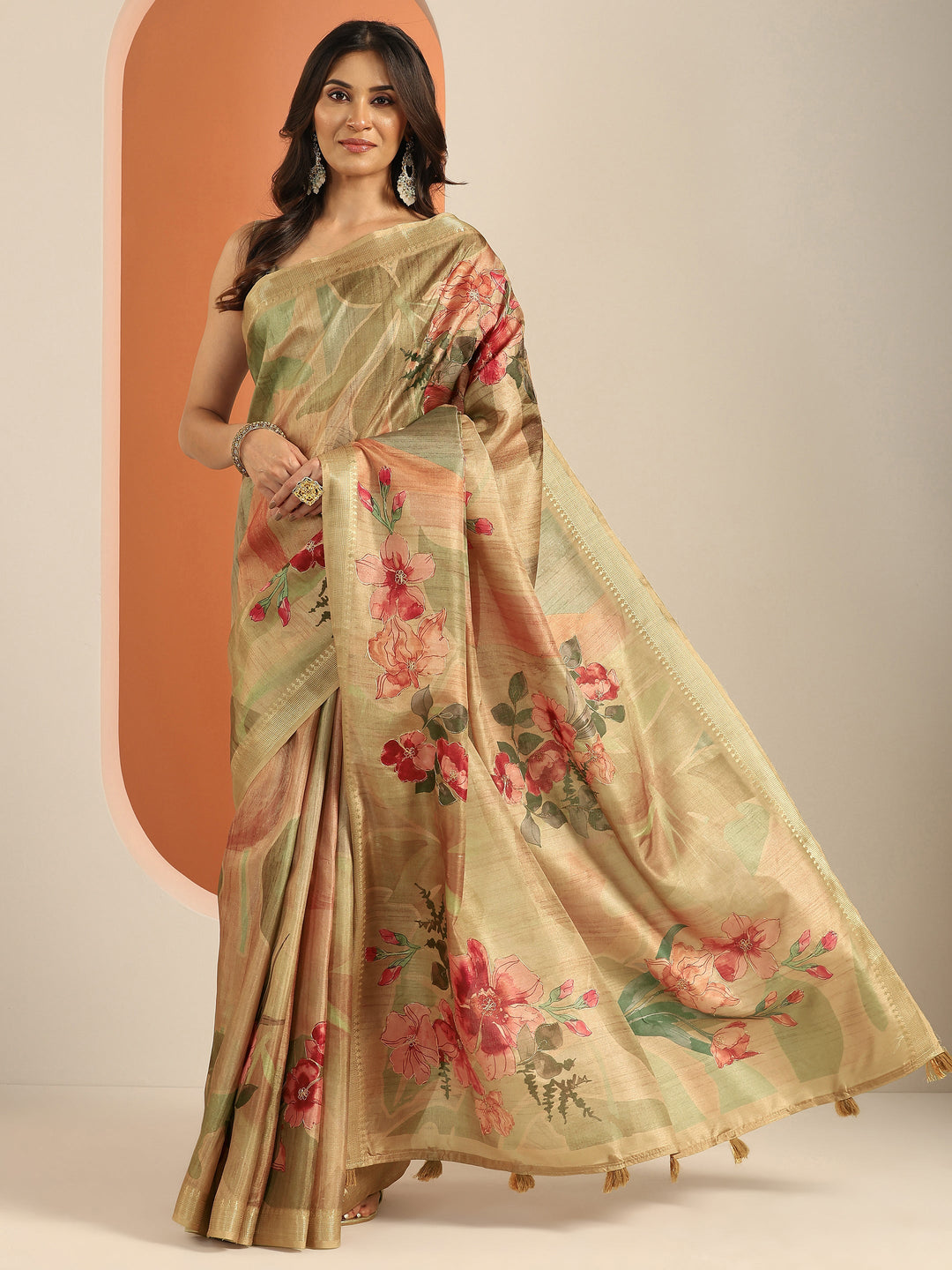  Gold Printed Silk Blend Saree With Unstitched Blouse Piece 